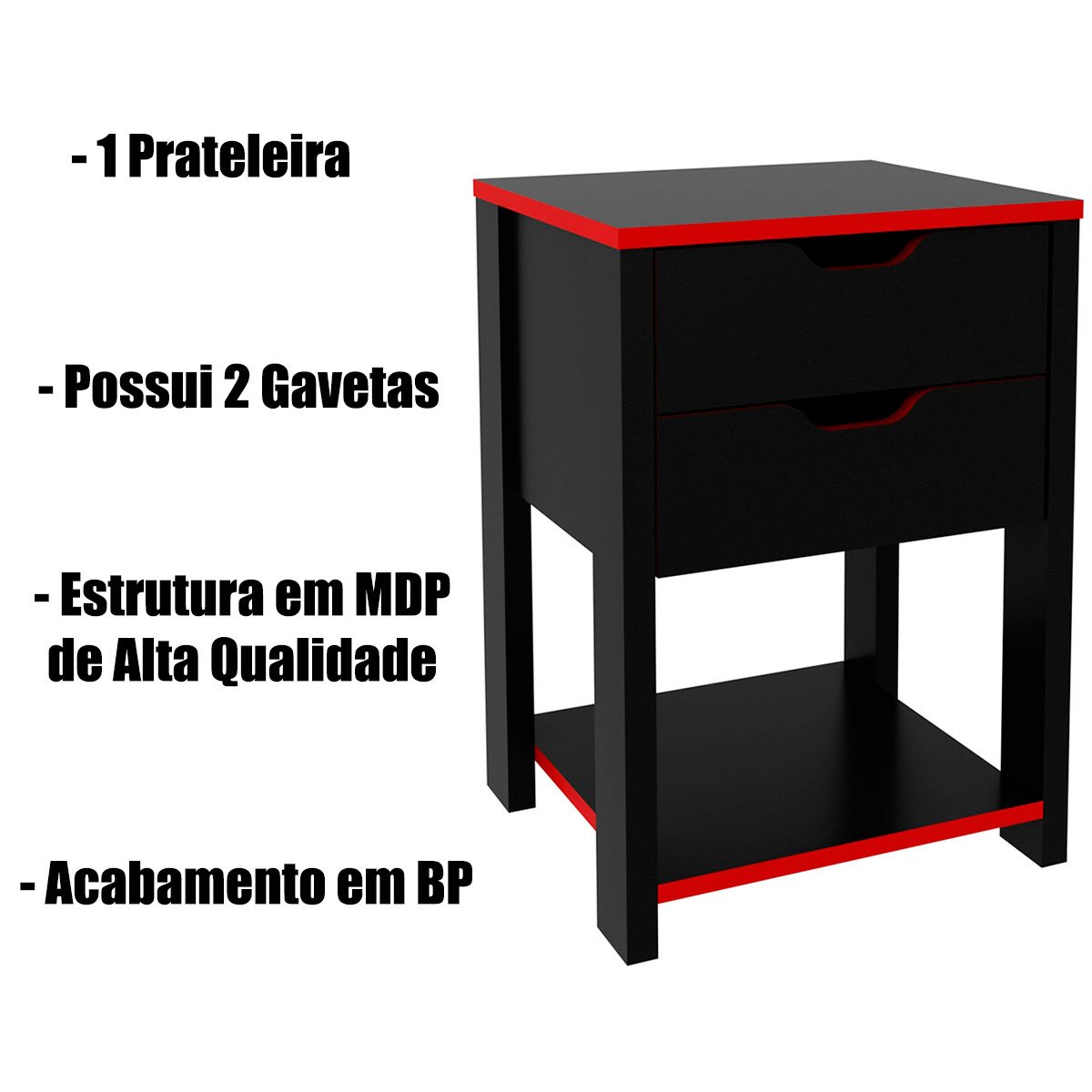 Gaveteiro Gamer para Escritório 2 Gavetas 1 Prateleira Preto/Vermelho