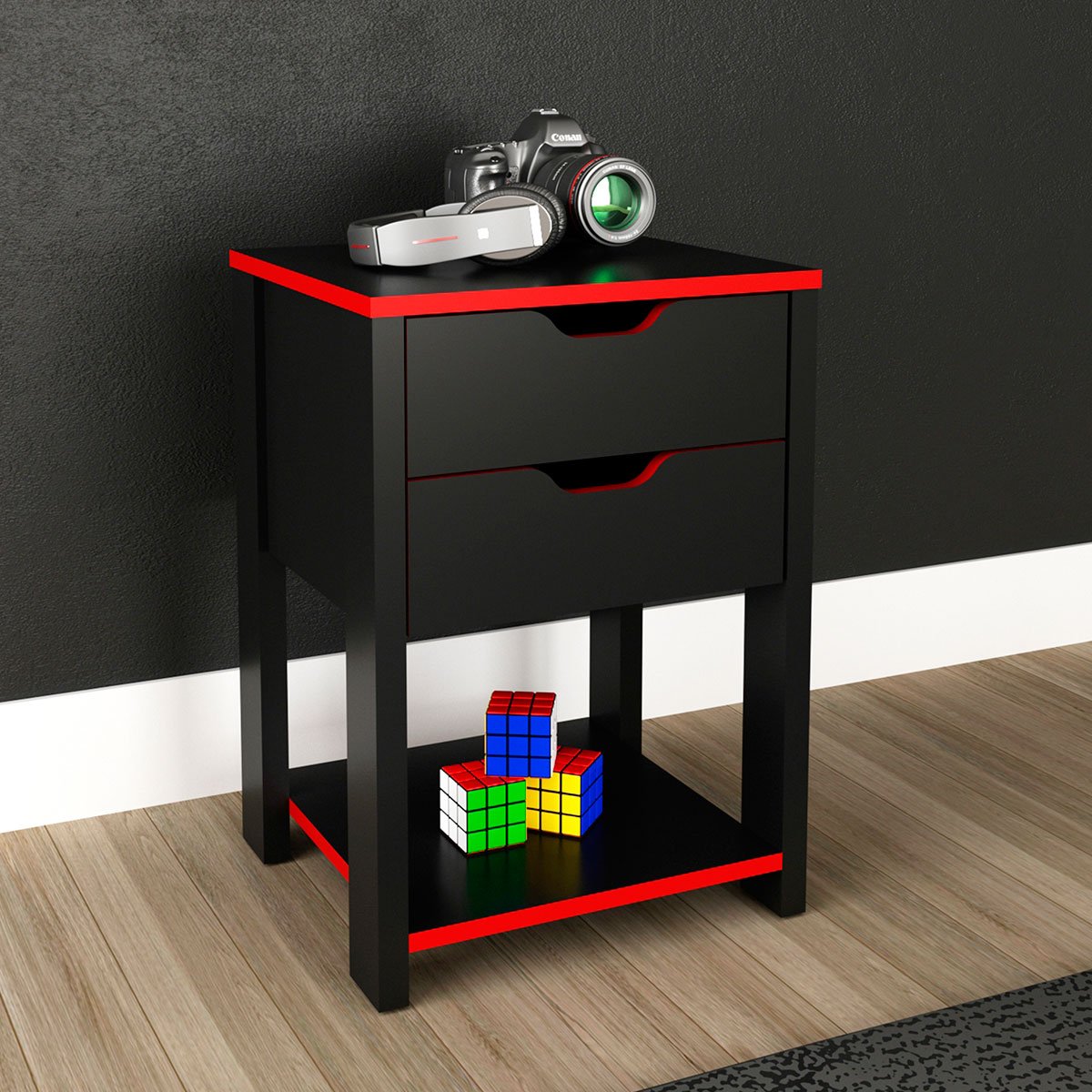 Gaveteiro Gamer para Escritório 2 Gavetas 1 Prateleira Preto/Vermelho