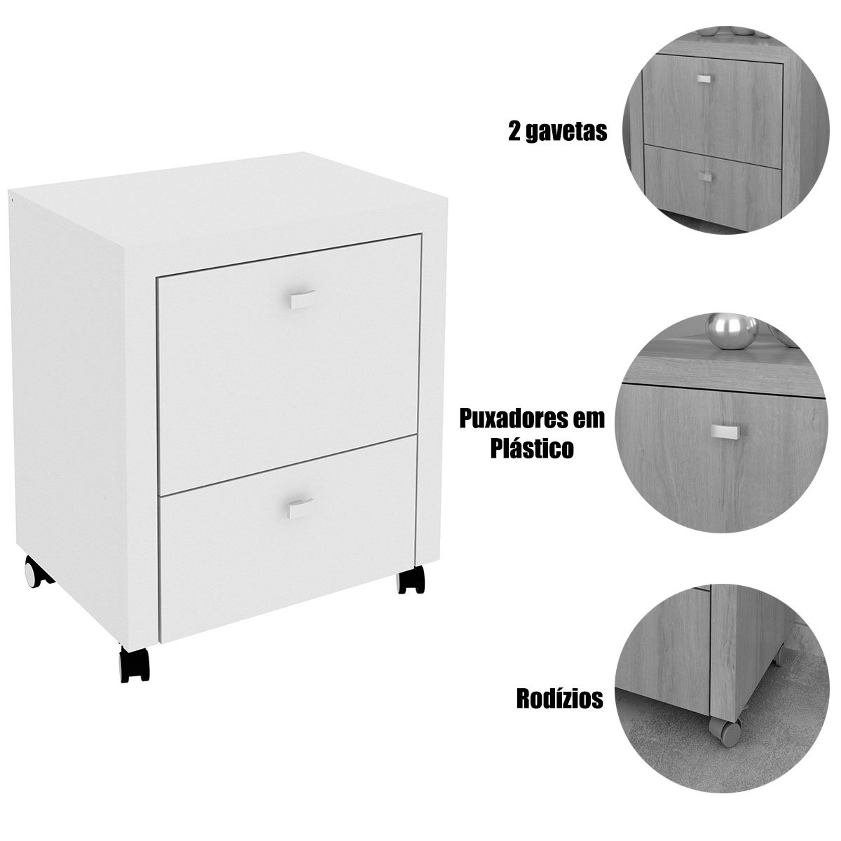 Gaveteiro para Escritório 2 Gavetas Arquivo com Rodízios Branco