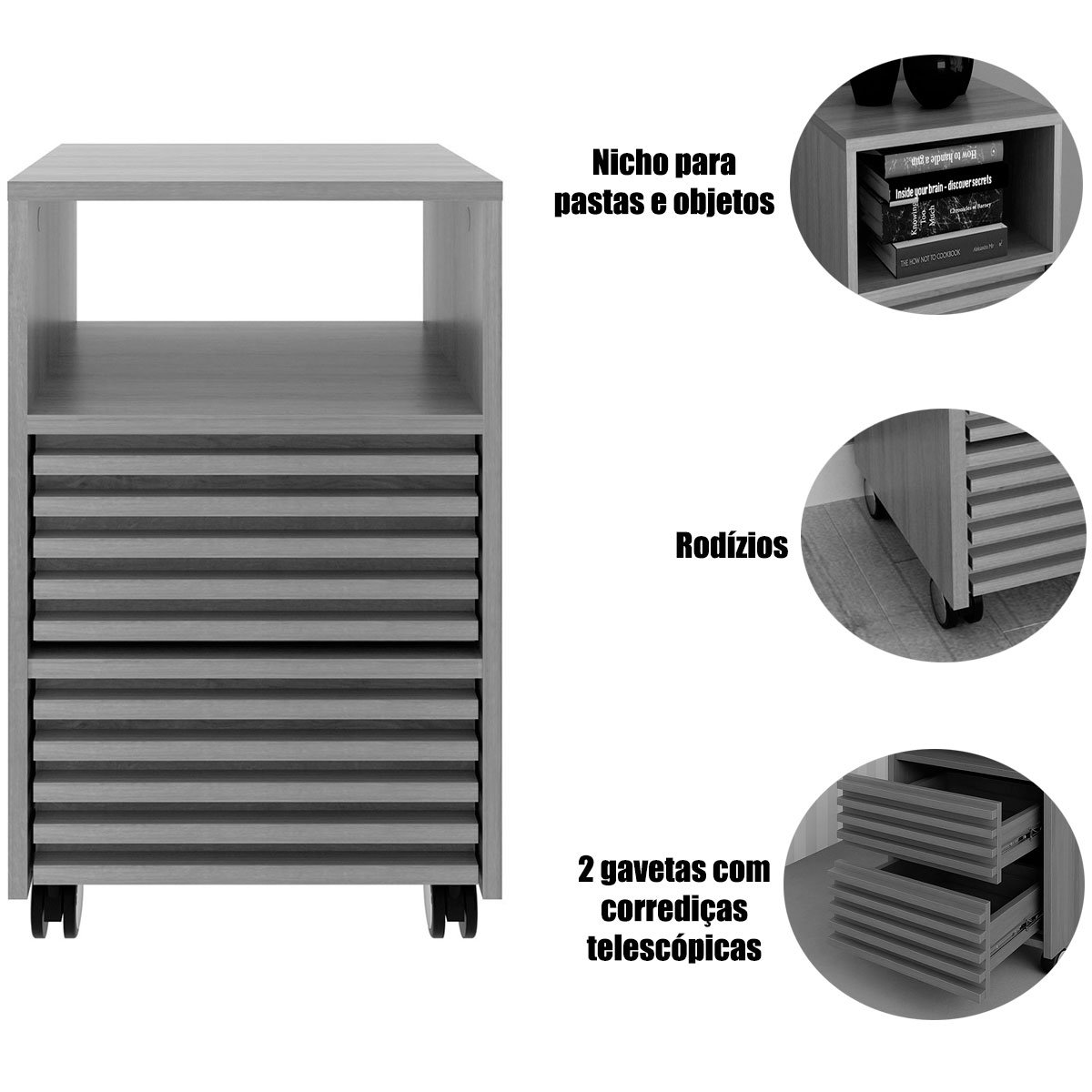 Gaveteiro para Escritório 2 Gavetas com Rodízios Branco