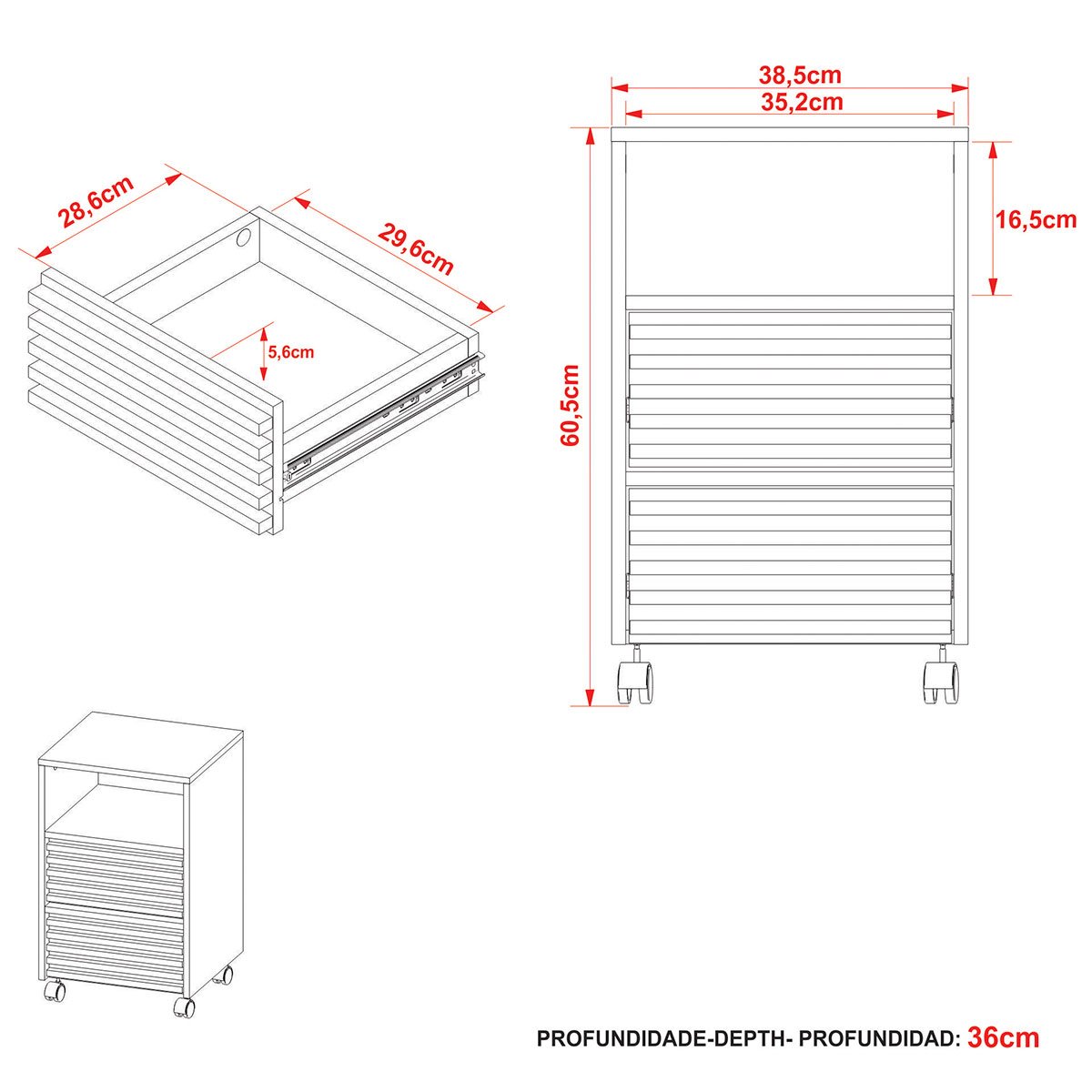 Gaveteiro para Escritório 2 Gavetas com Rodízios Branco