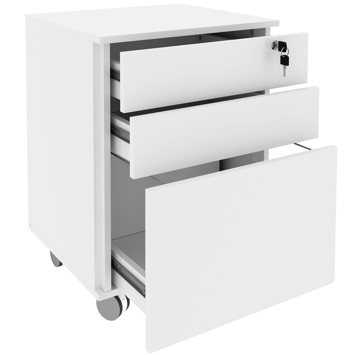 Gaveteiro para Escritório 3 Gavetas com Chave e Rodízios Branco