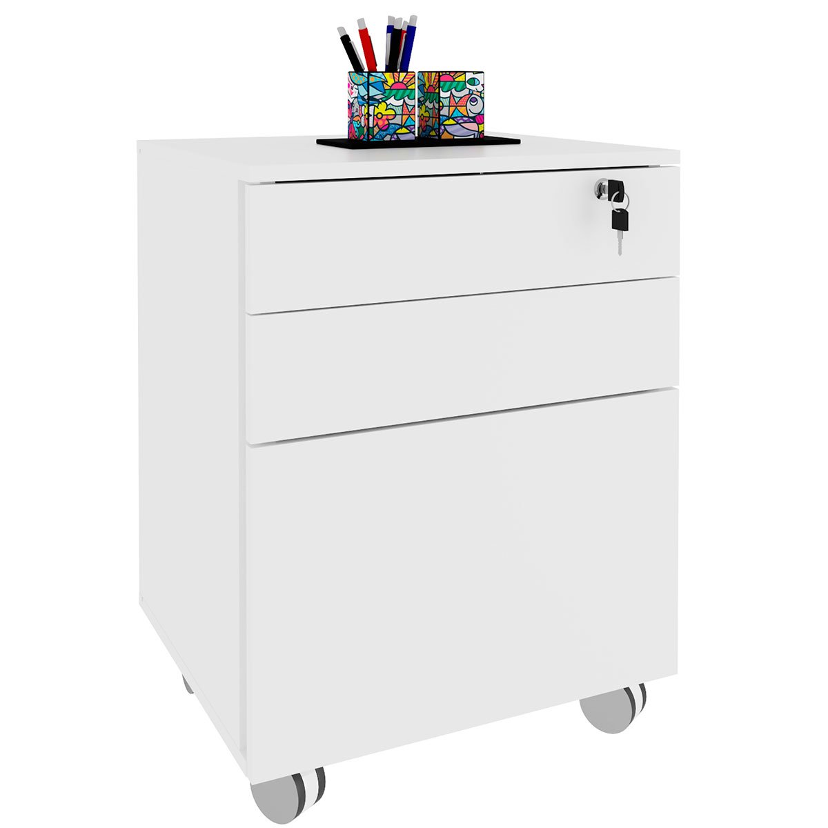 Gaveteiro para Escritório 3 Gavetas com Chave e Rodízios Branco