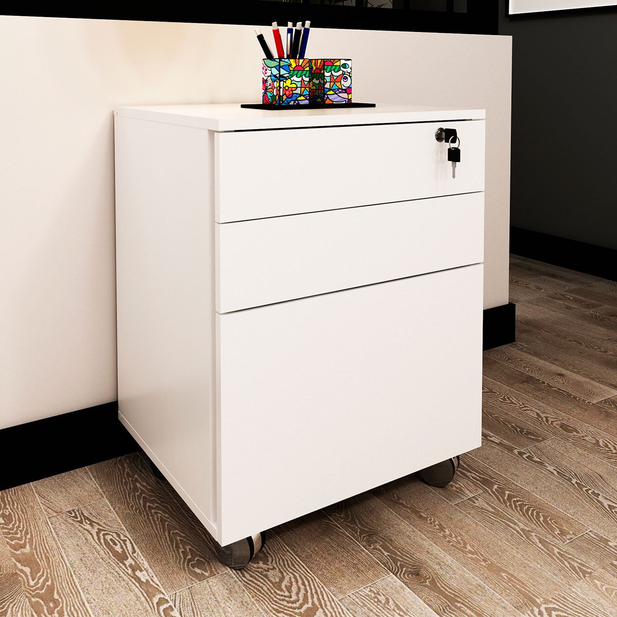 Gaveteiro para Escritório 3 Gavetas com Chave e Rodízios Branco