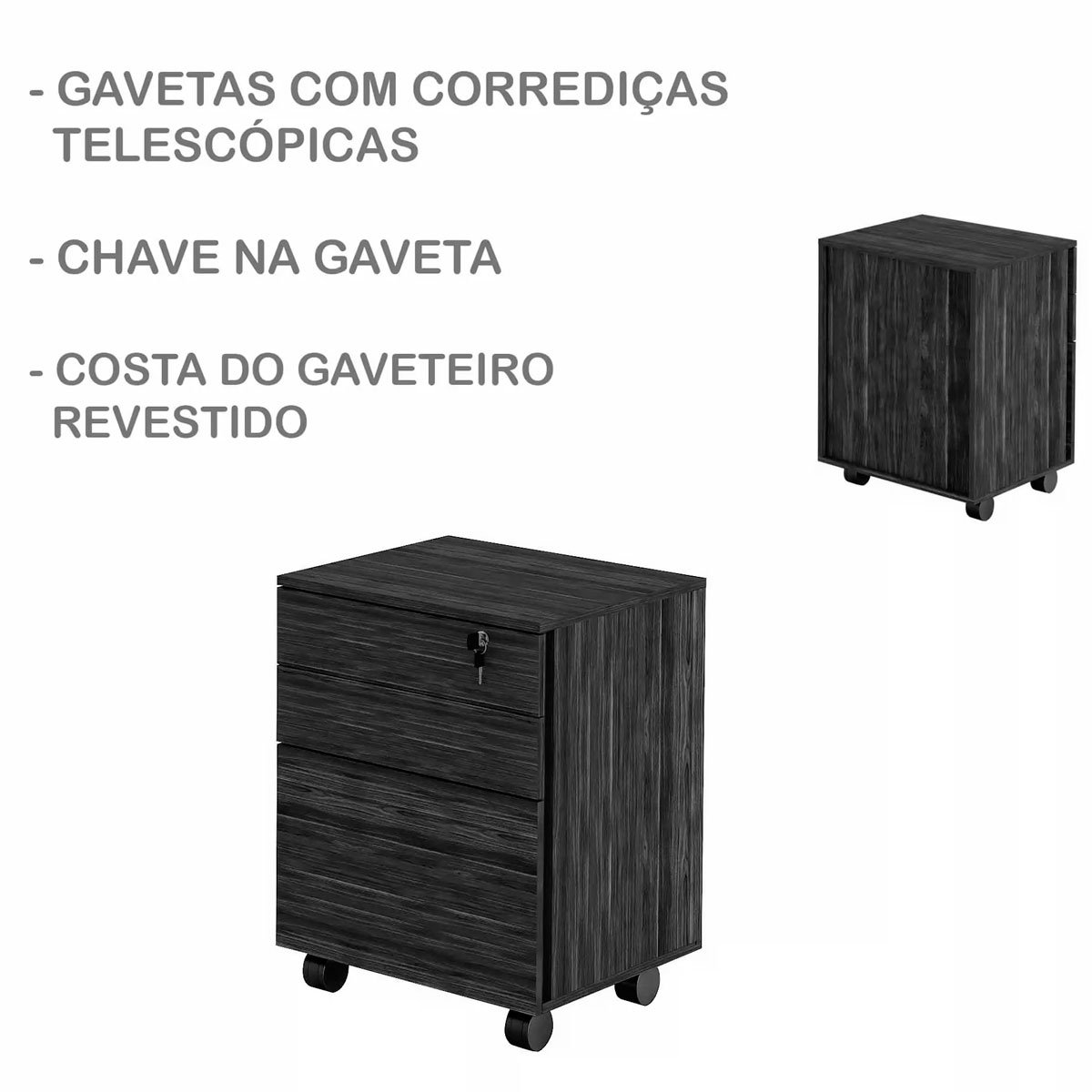 Gaveteiro para Escritório 3 Gavetas com Chave e Rodízios Nogal