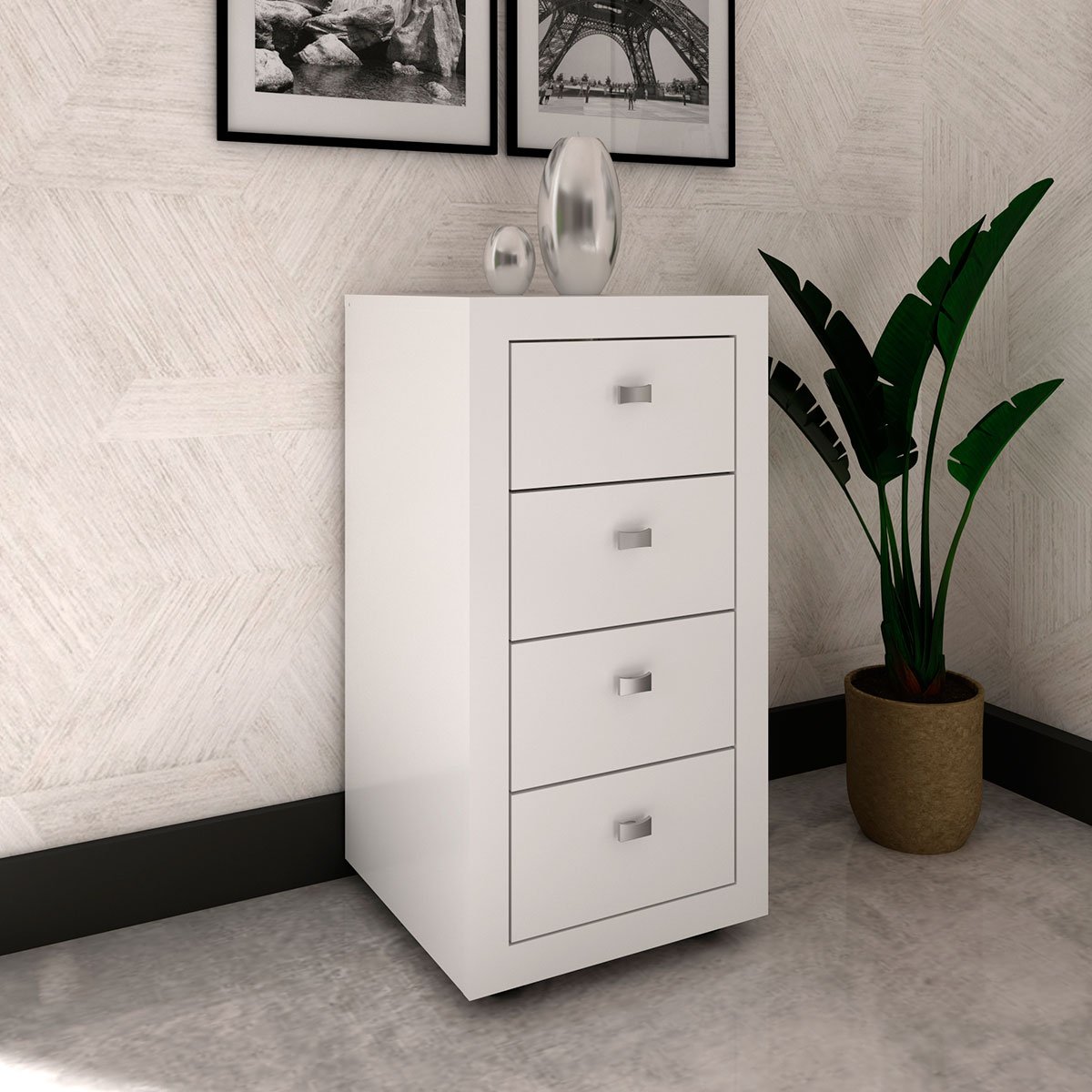 Gaveteiro para Escritório 4 Gavetas com Rodízios Branco