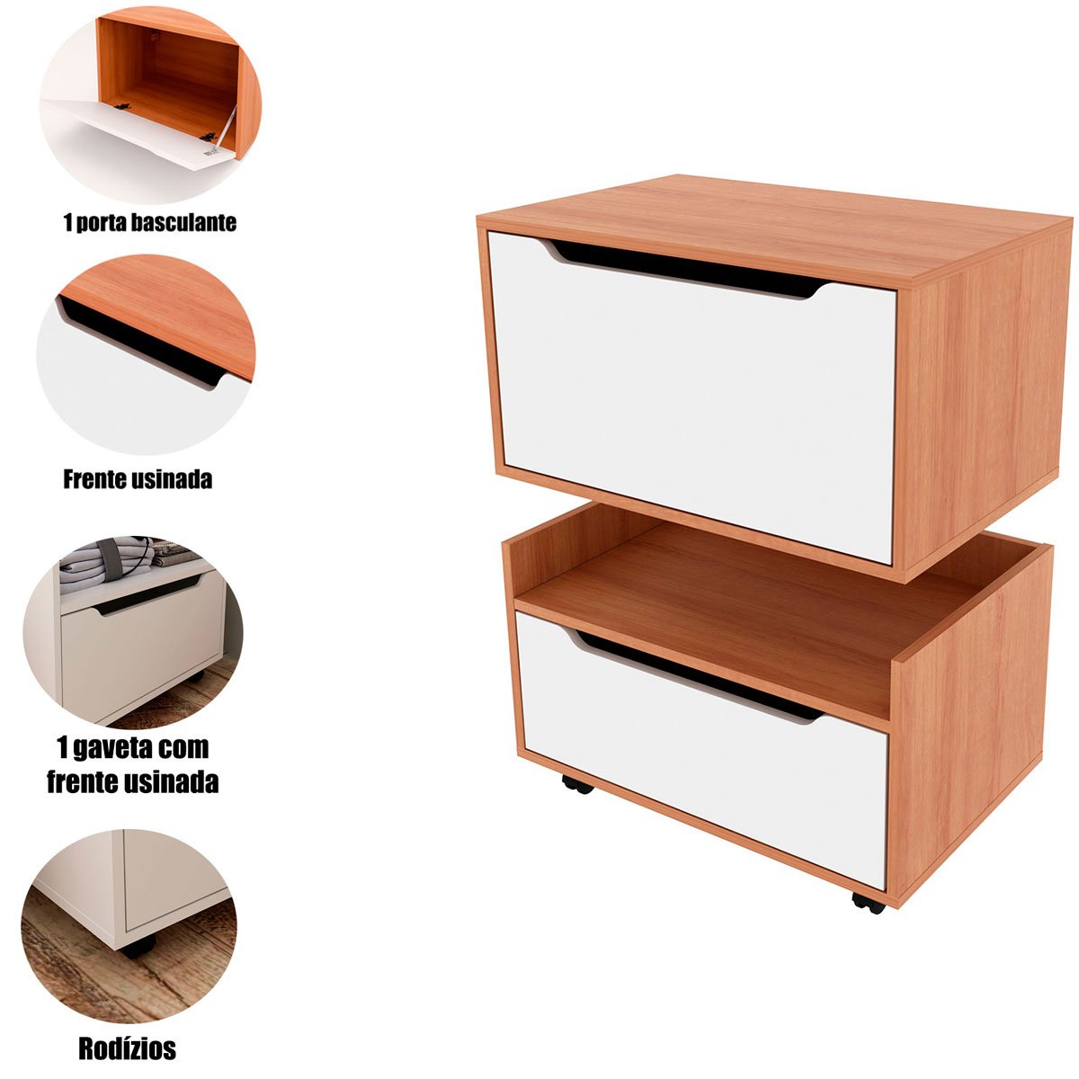 Kit Balcão e Gabinete de Banheiro 1 Porta 1 Gaveta e Rodízio Amêndoa/Branco