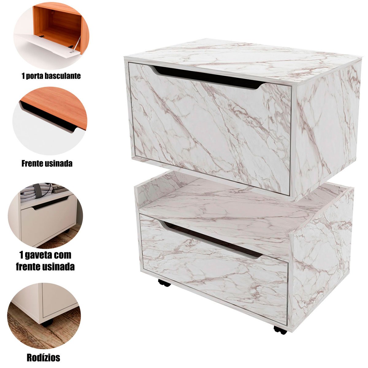 Kit Balcão e Gabinete de Banheiro 1 Porta 1 Gaveta e Rodízio Mármore Branco