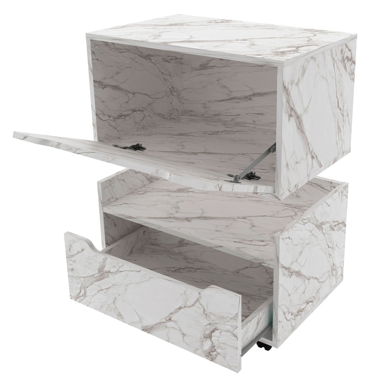 Kit Balcão e Gabinete de Banheiro 1 Porta 1 Gaveta e Rodízio Mármore Branco