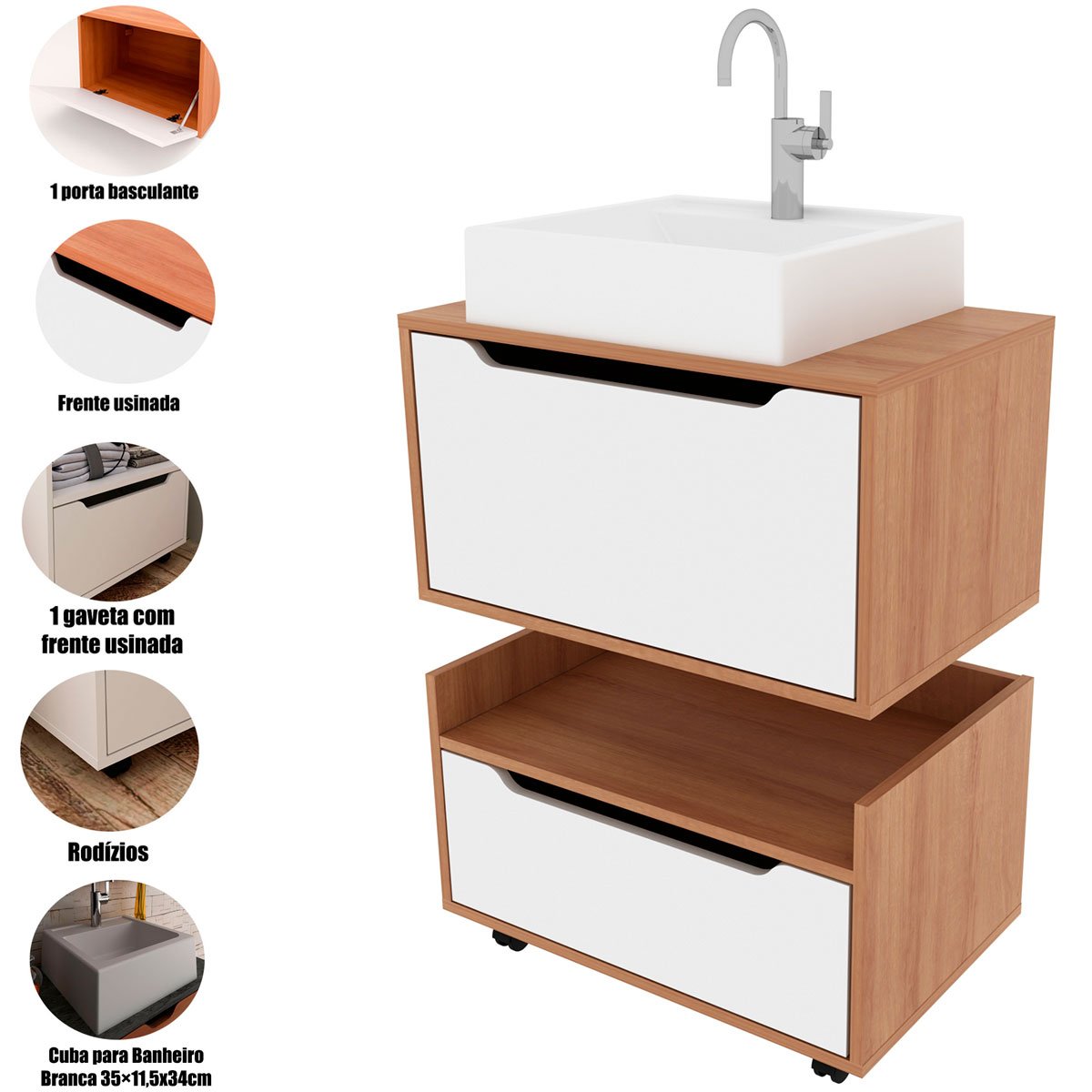 Kit Balcão e Gabinete de Banheiro com Cuba 1 Porta 1 Gaveta Amêndoa/Branco