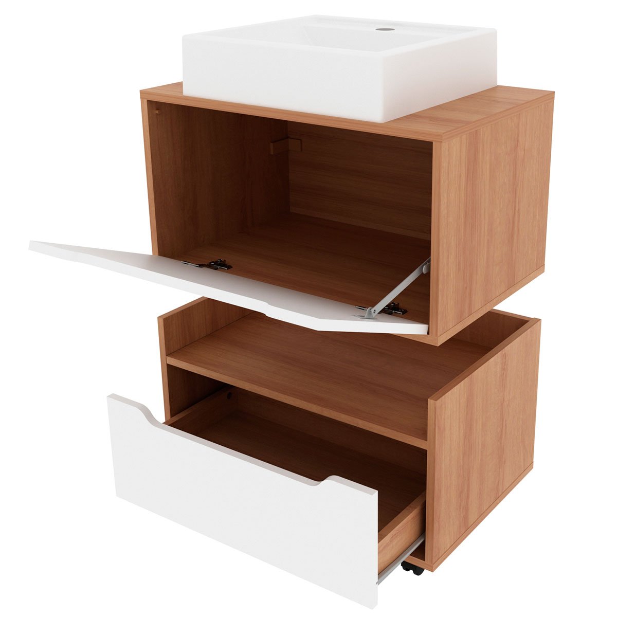 Kit Balcão e Gabinete de Banheiro com Cuba 1 Porta 1 Gaveta Amêndoa/Branco