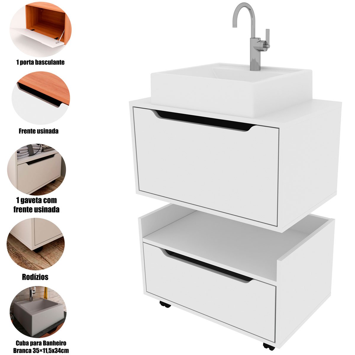 Kit Balcão e Gabinete de Banheiro com Cuba 1 Porta 1 Gaveta Branco