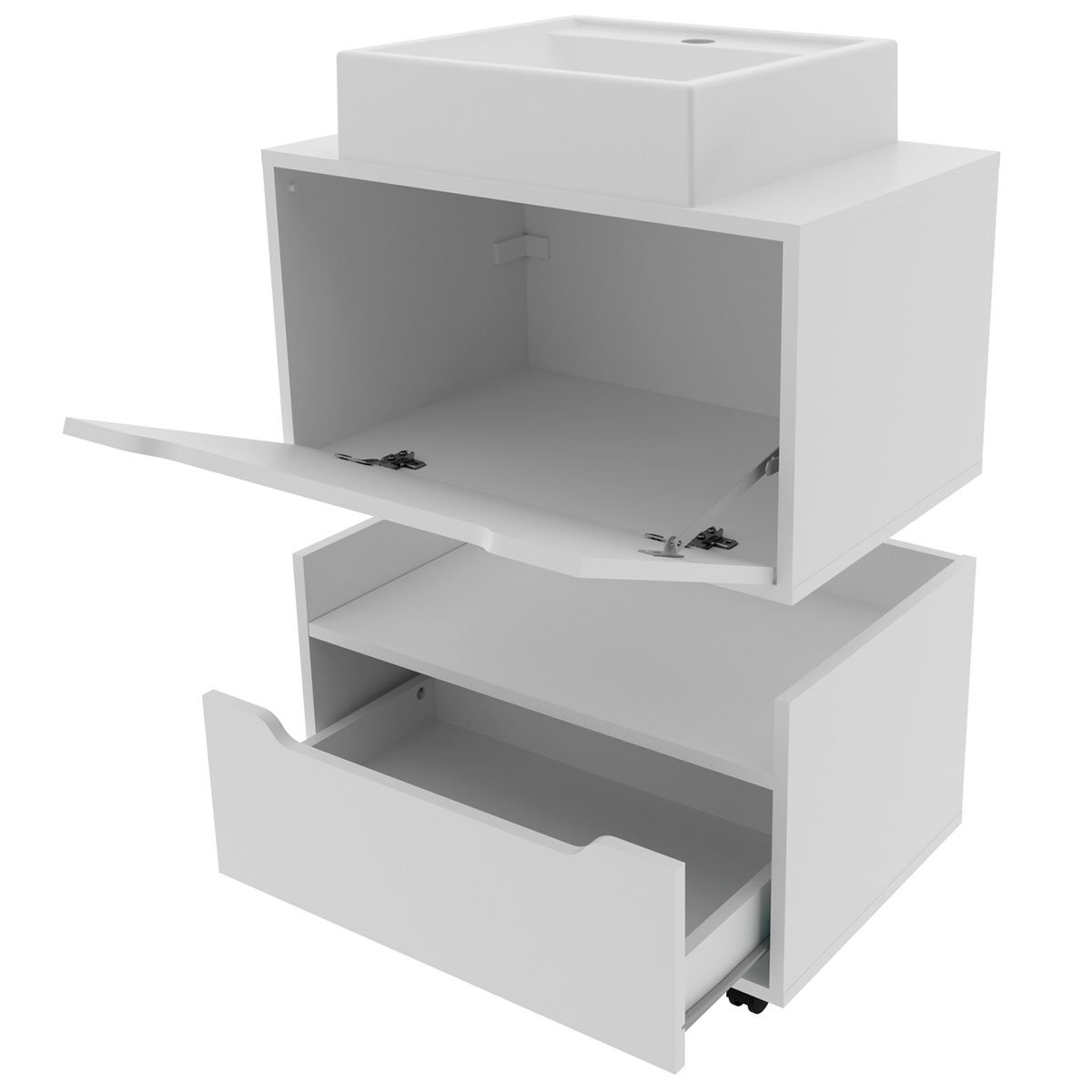 Kit Balcão e Gabinete de Banheiro com Cuba 1 Porta 1 Gaveta Branco
