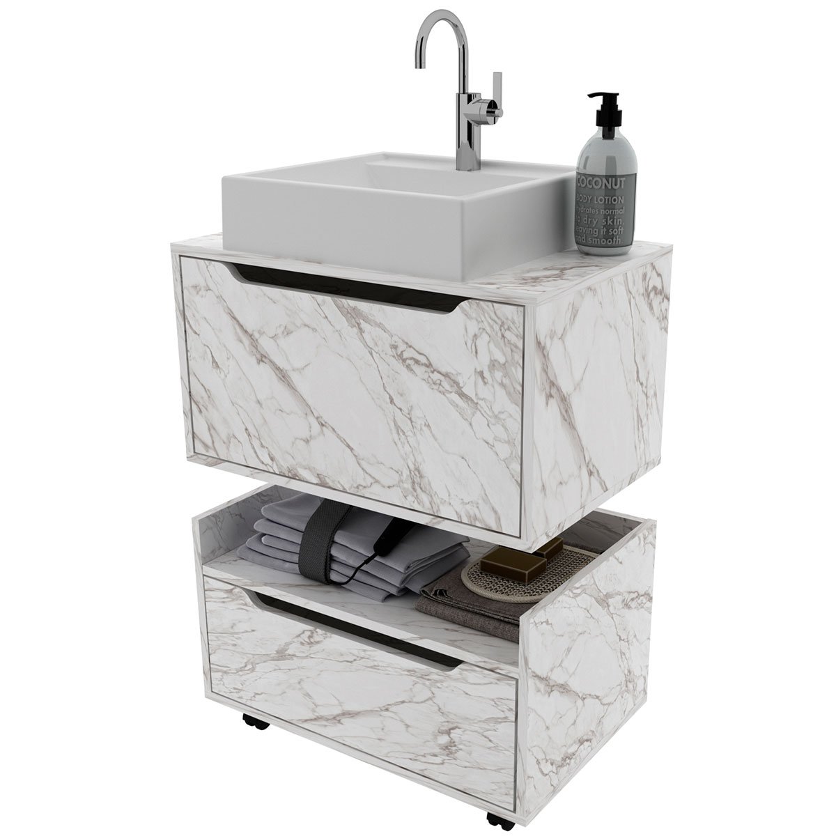 Kit Balcão e Gabinete de Banheiro com Cuba 1 Porta 1 Gaveta Mármore Branco
