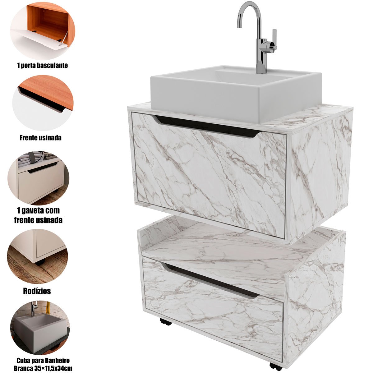 Kit Balcão e Gabinete de Banheiro com Cuba 1 Porta 1 Gaveta Mármore Branco