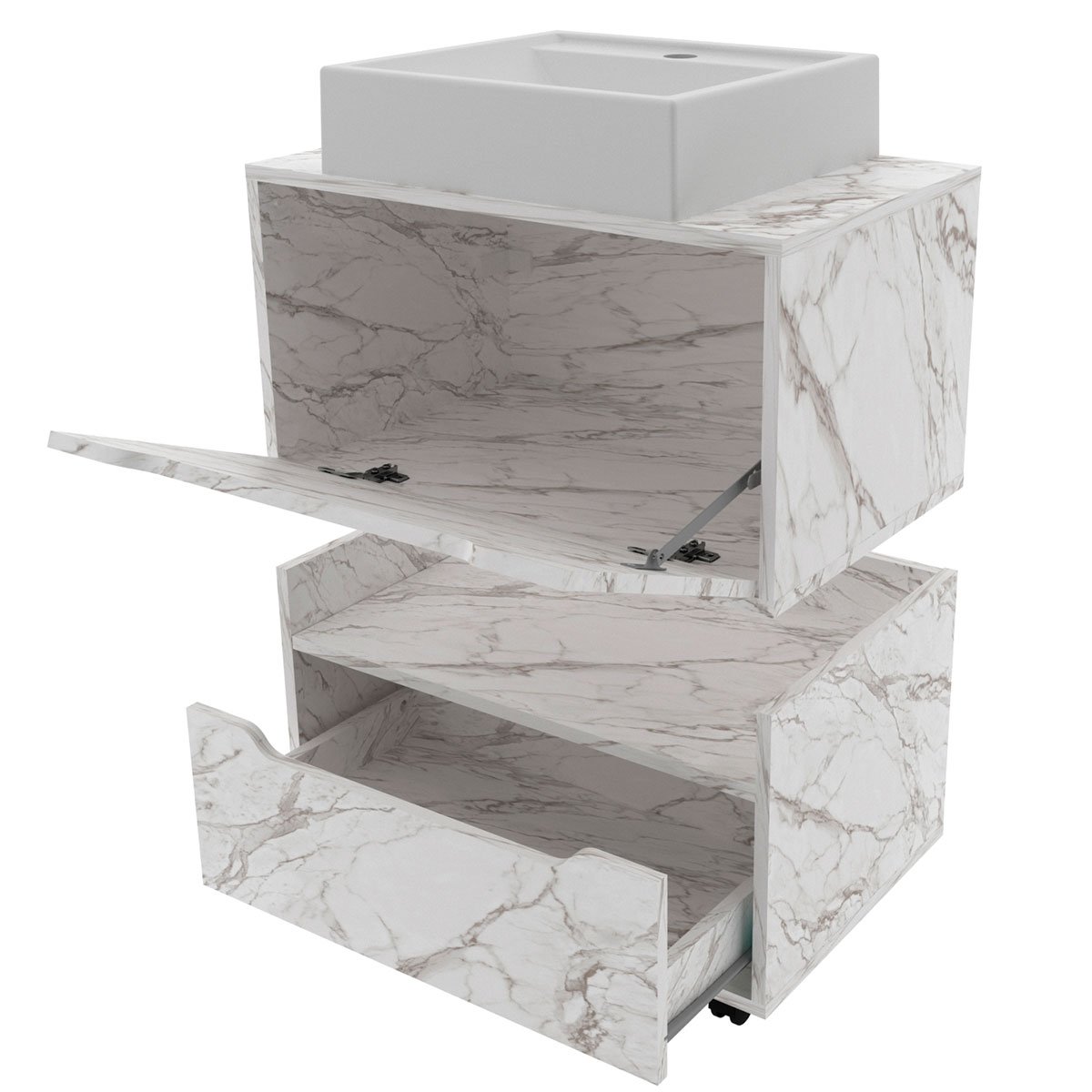 Kit Balcão e Gabinete de Banheiro com Cuba 1 Porta 1 Gaveta Mármore Branco