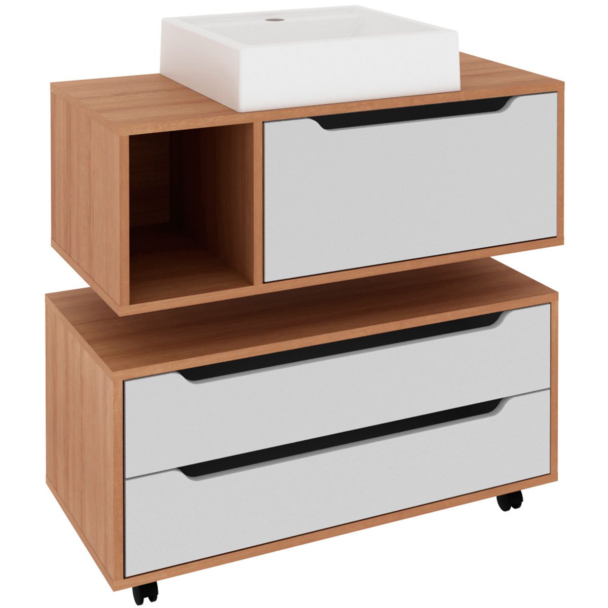 Kit Balcão e Gabinete de Banheiro com Cuba Karina Amêndoa/Branco