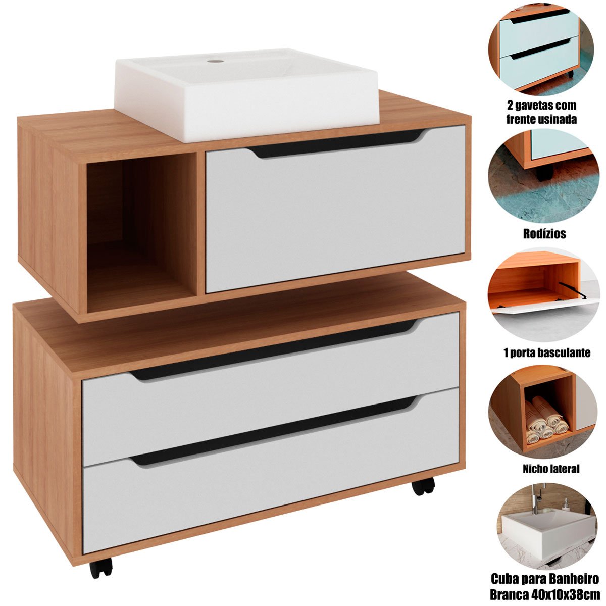 Kit Balcão e Gabinete de Banheiro com Cuba Karina Amêndoa/Branco