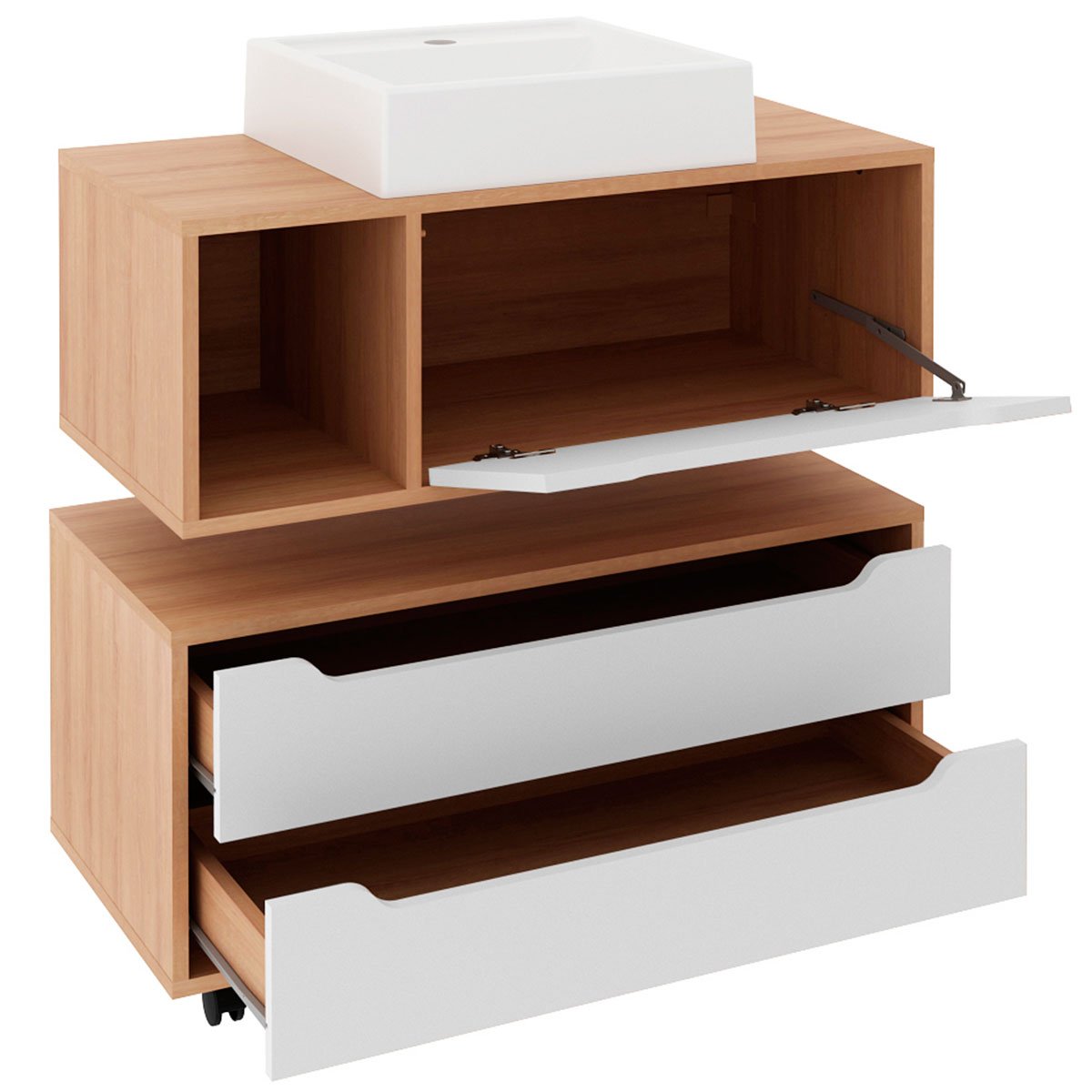 Kit Balcão e Gabinete de Banheiro com Cuba Karina Amêndoa/Branco