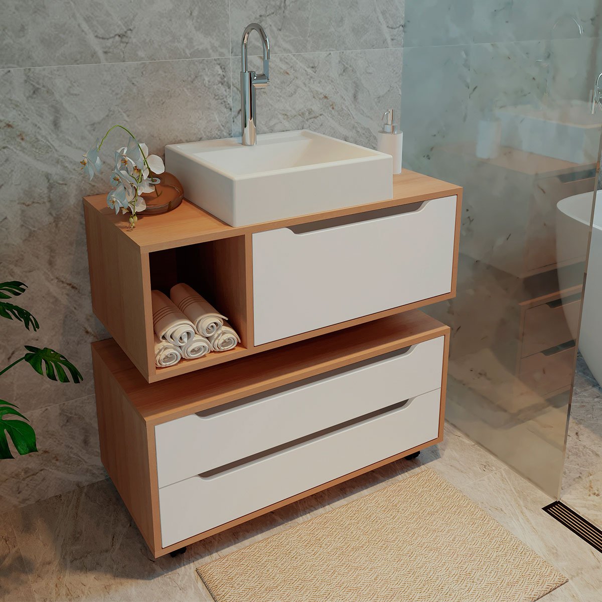 Kit Balcão e Gabinete de Banheiro com Cuba Karina Amêndoa/Branco