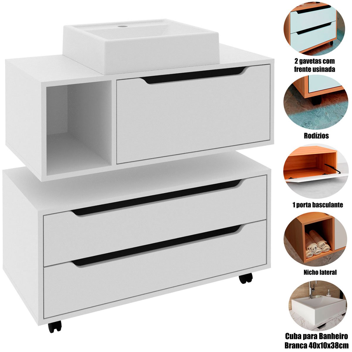 Kit Balcão e Gabinete de Banheiro com Cuba Karina Branco
