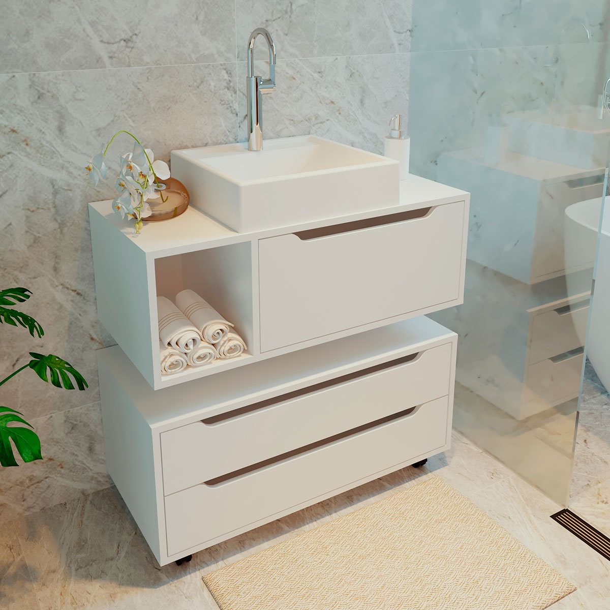 Kit Balcão e Gabinete de Banheiro com Cuba Karina Branco