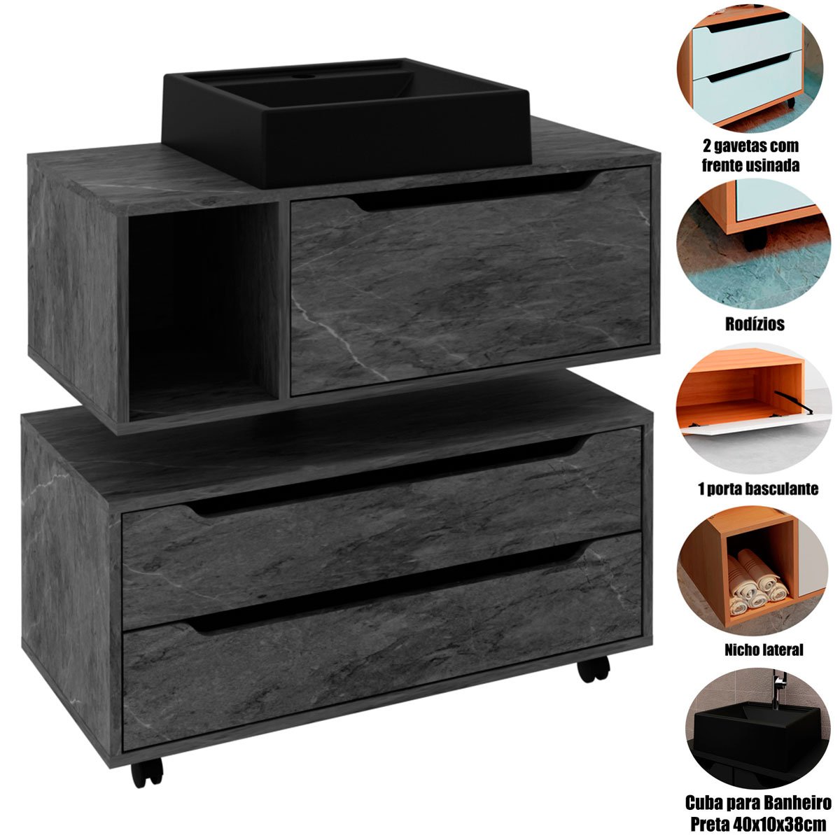 Kit Balcão e Gabinete de Banheiro com Cuba Karina Mármore Lunar