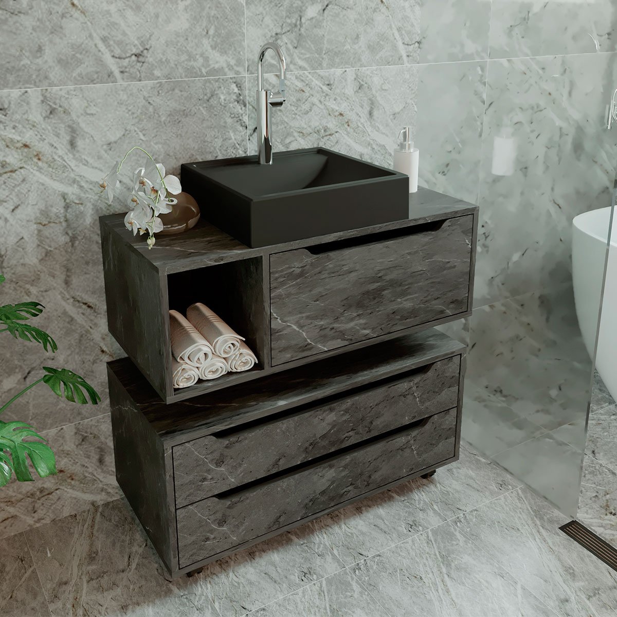 Kit Balcão e Gabinete de Banheiro com Cuba Karina Mármore Lunar