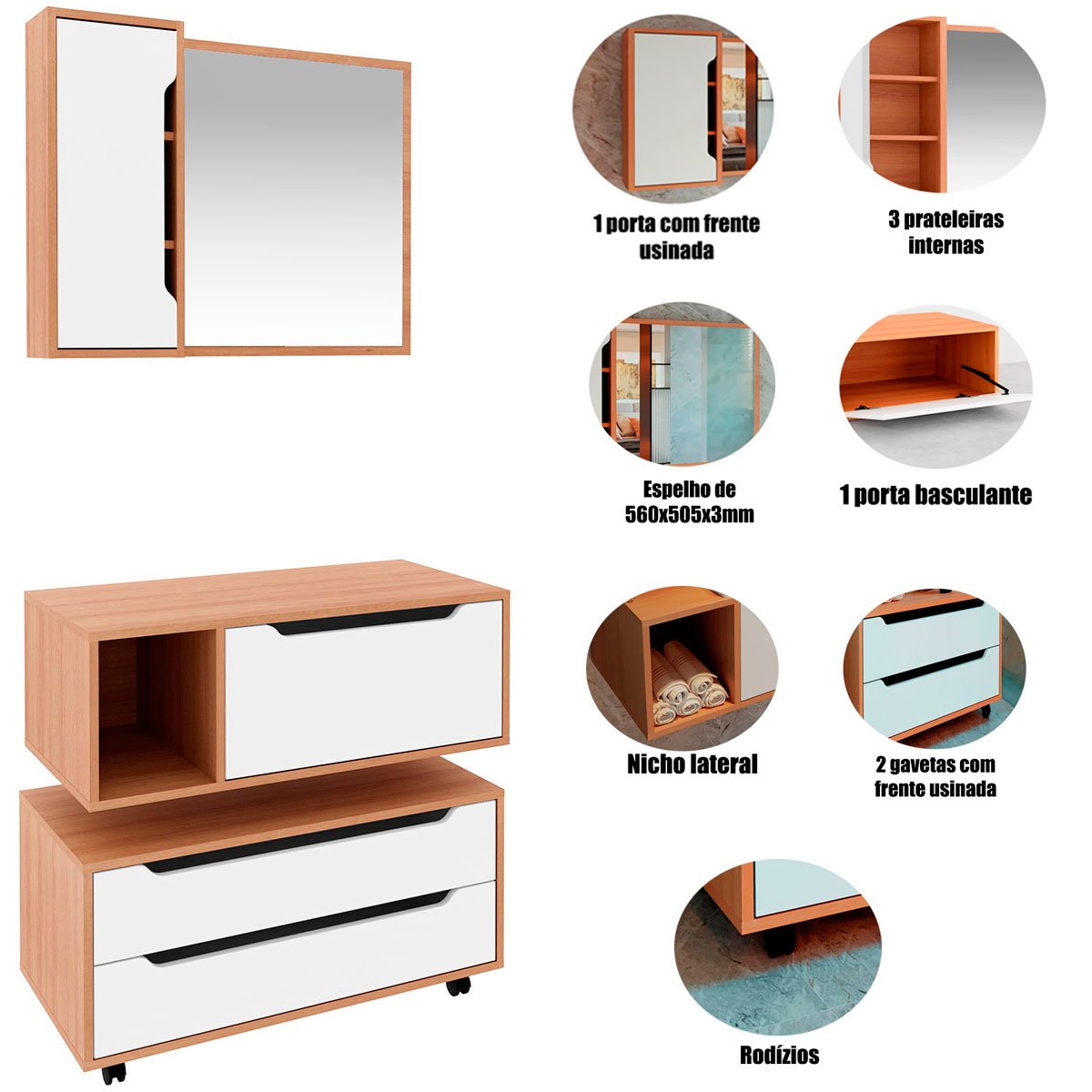 Kit Gabinete Balcão e Espelheira de Banheiro 80 cm Karina Amêndoa/Branco