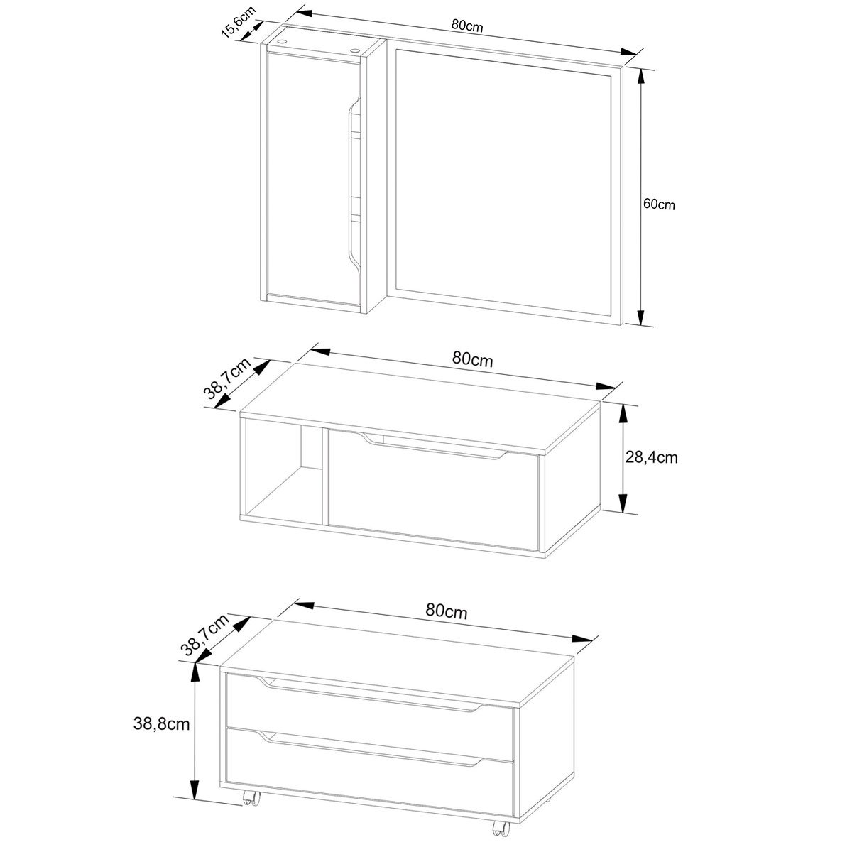 Kit Gabinete Balcão e Espelheira de Banheiro 80 cm Karina Amêndoa/Branco