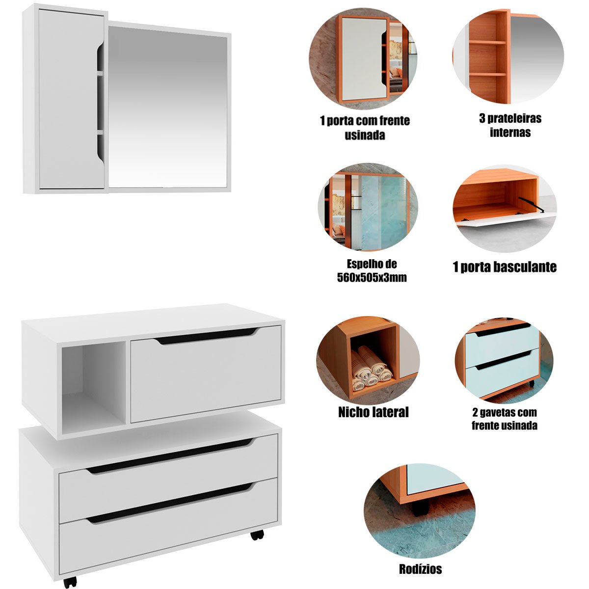 Kit Gabinete Balcão e Espelheira de Banheiro 80 cm Karina Branco