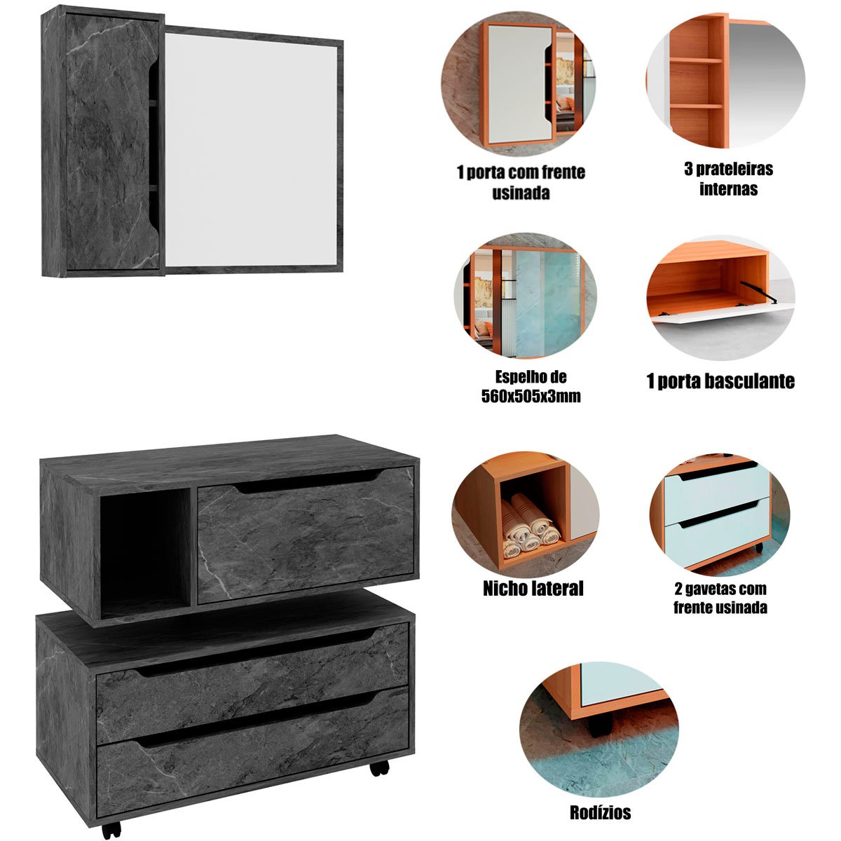 Kit Gabinete Balcão e Espelheira de Banheiro 80 cm Karina Mármore Lunar