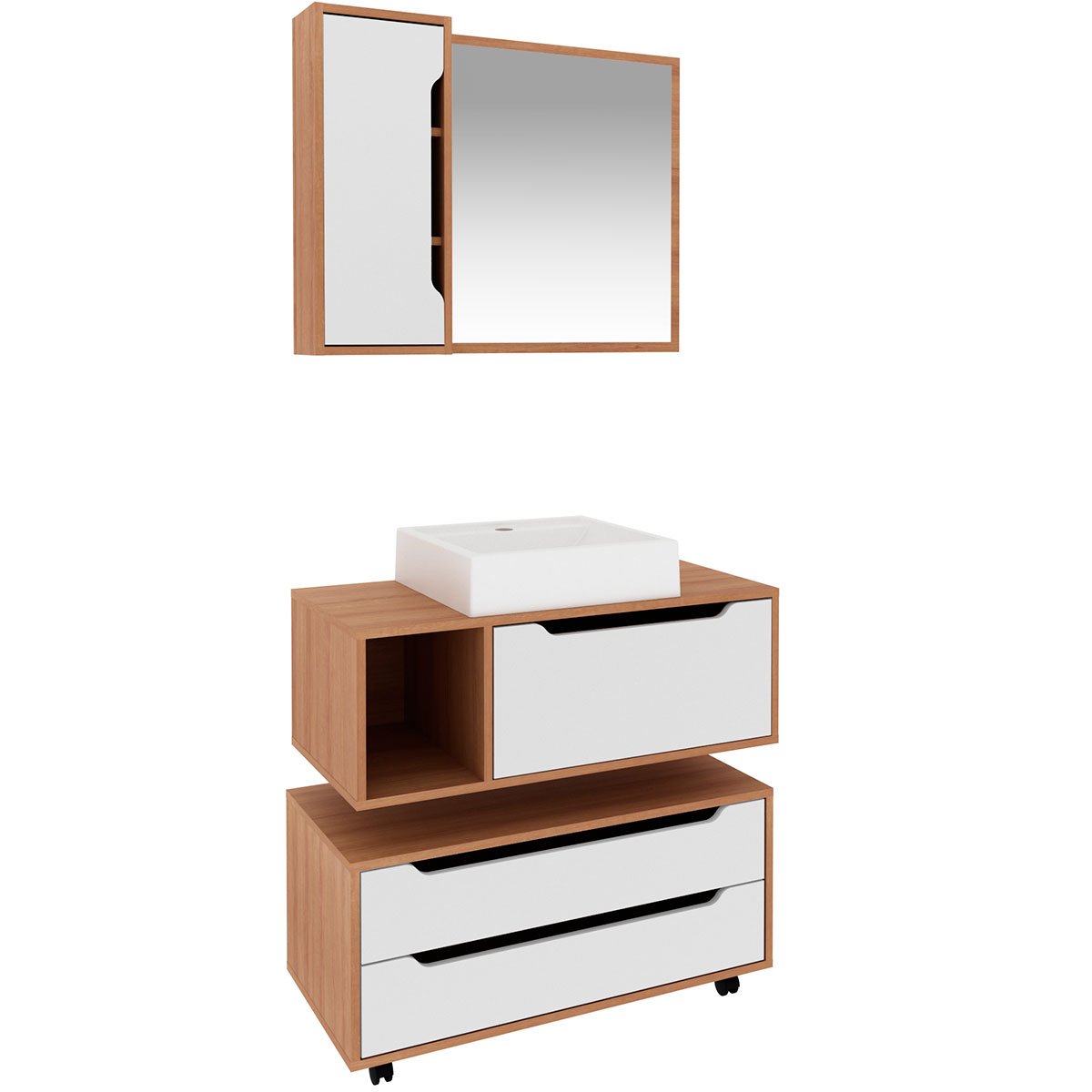 Kit Gabinete Balcão e Espelheira de Banheiro Cuba Karina Amêndoa/Branco
