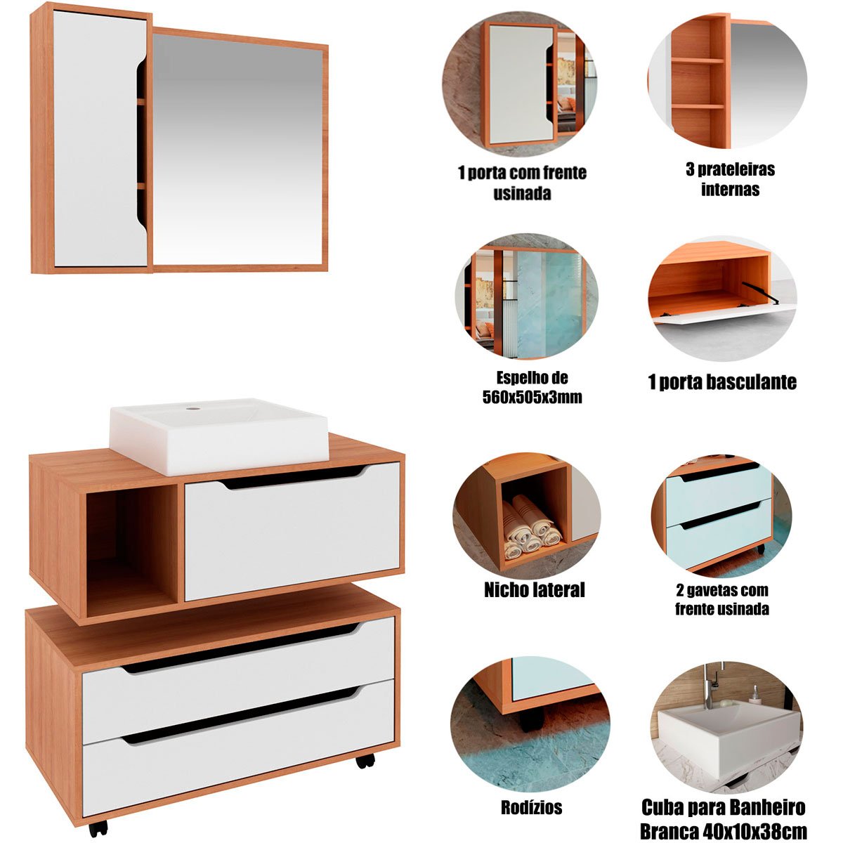 Kit Gabinete Balcão e Espelheira de Banheiro Cuba Karina Amêndoa/Branco