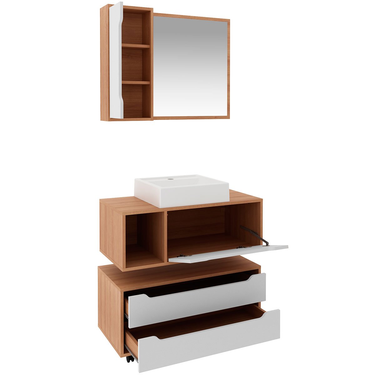 Kit Gabinete Balcão e Espelheira de Banheiro Cuba Karina Amêndoa/Branco
