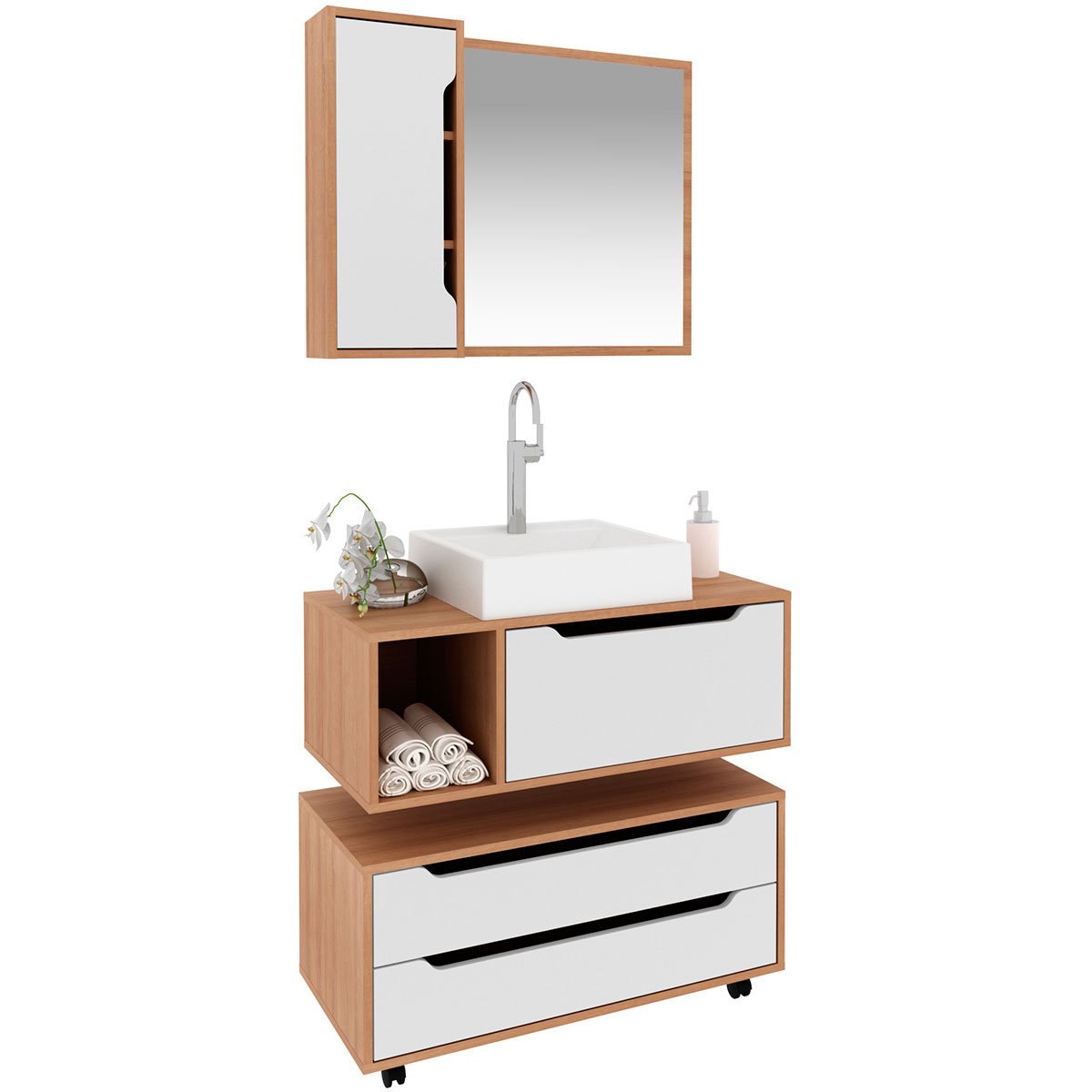 Kit Gabinete Balcão e Espelheira de Banheiro Cuba Karina Amêndoa/Branco