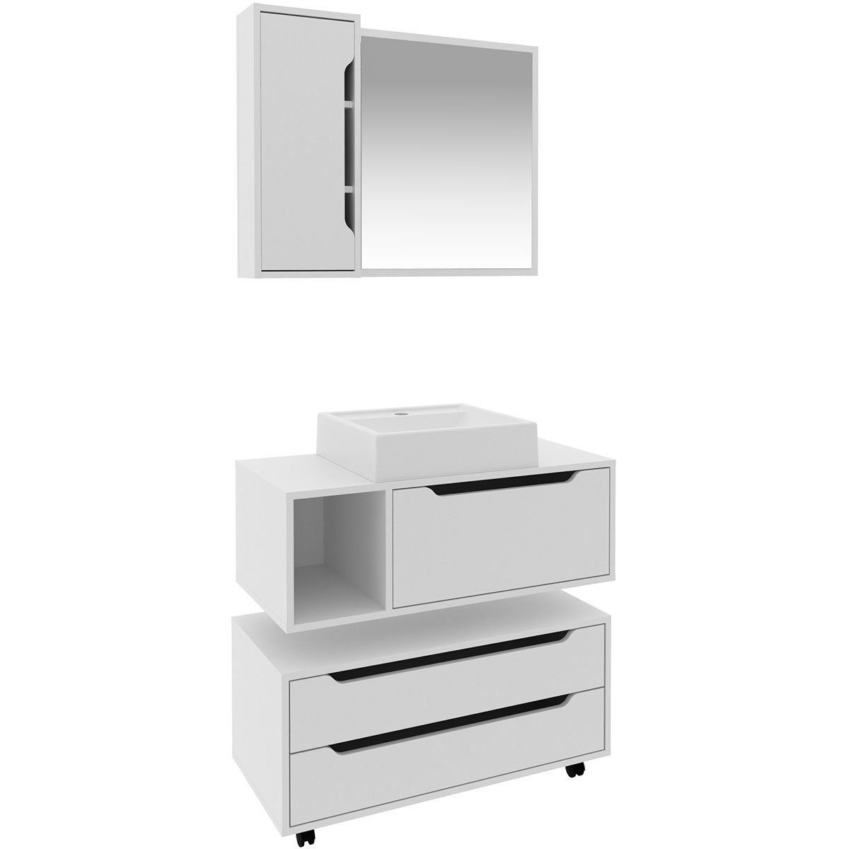 Kit Gabinete Balcão e Espelheira de Banheiro Cuba Karina Branco