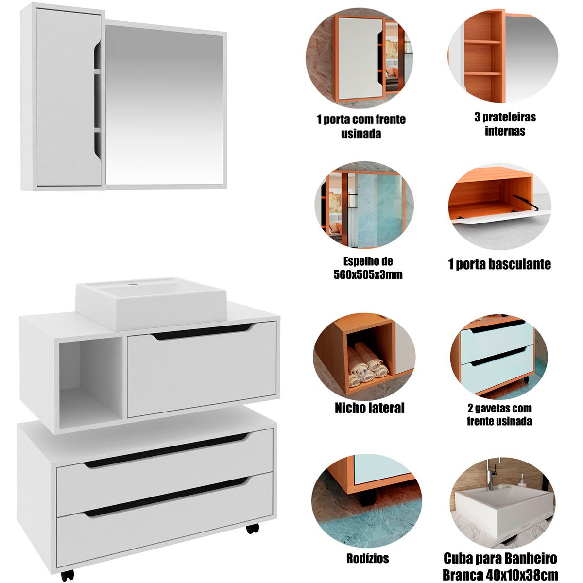 Kit Gabinete Balcão e Espelheira de Banheiro Cuba Karina Branco