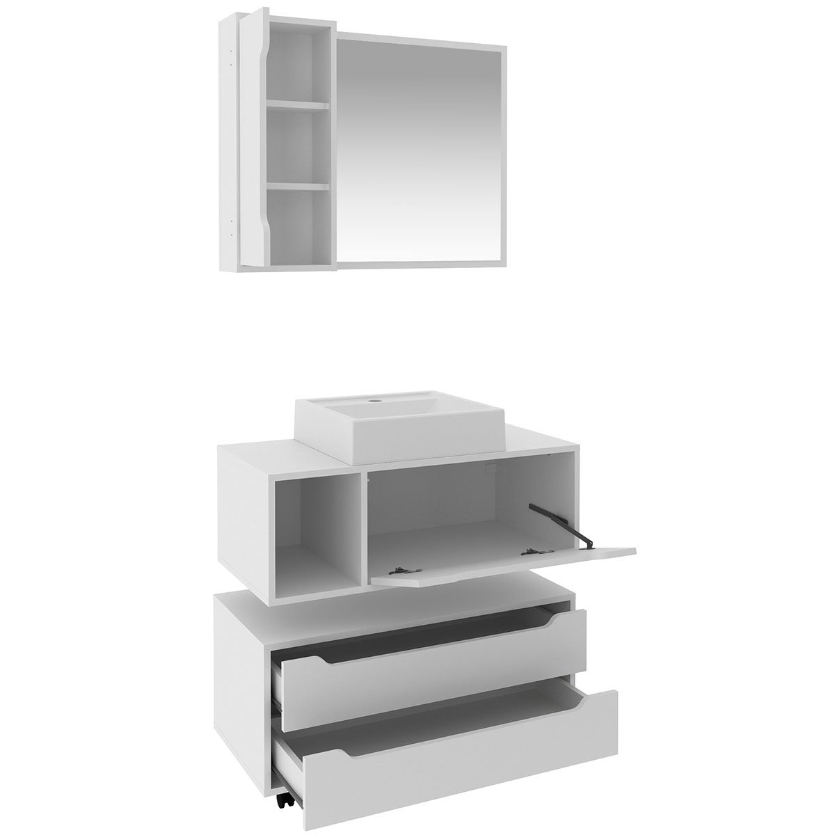Kit Gabinete Balcão e Espelheira de Banheiro Cuba Karina Branco
