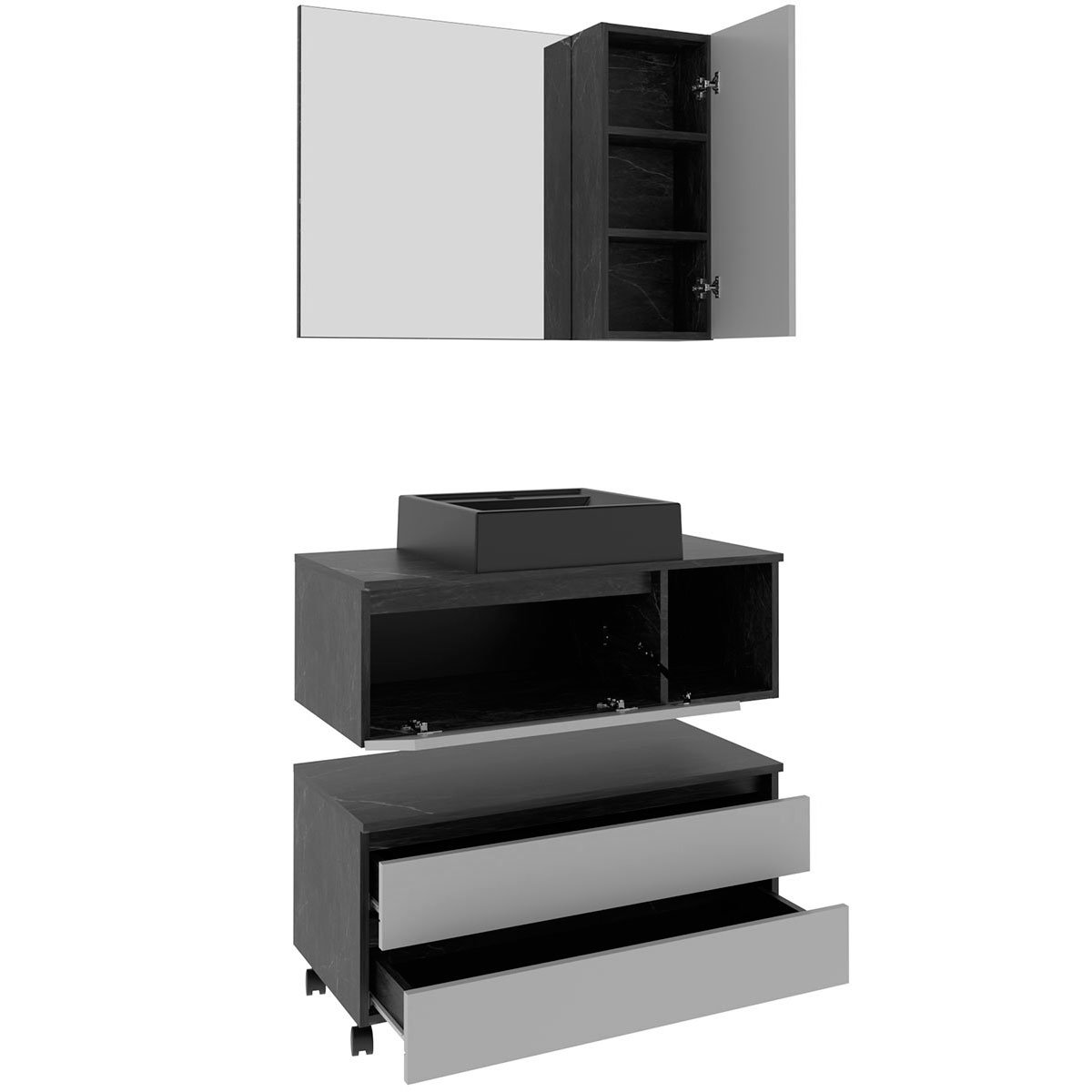 Kit Gabinete Balcão e Espelheira de Banheiro Marina Amêndoa