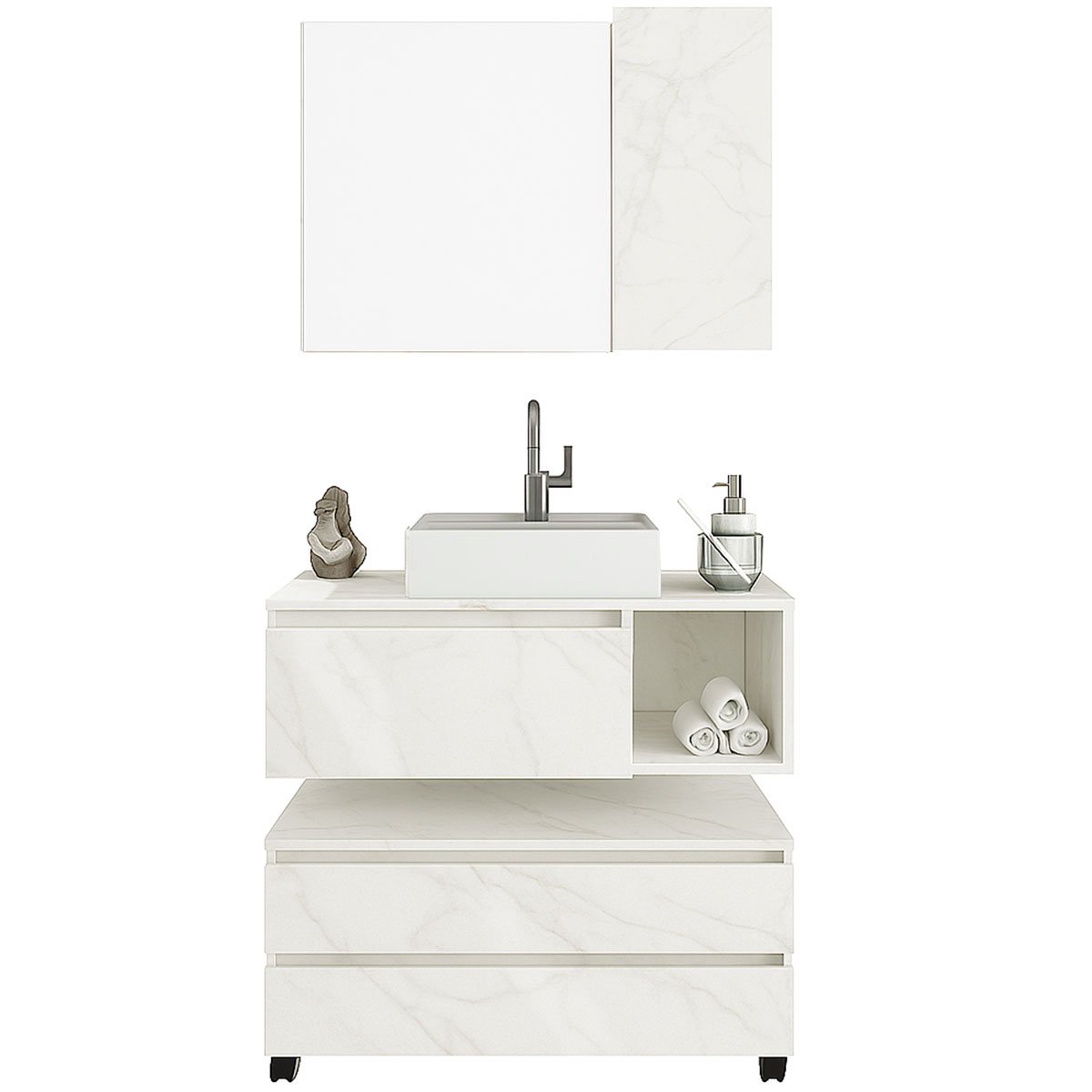 Kit Gabinete Balcão e Espelheira de Banheiro Marina Mármore Branco