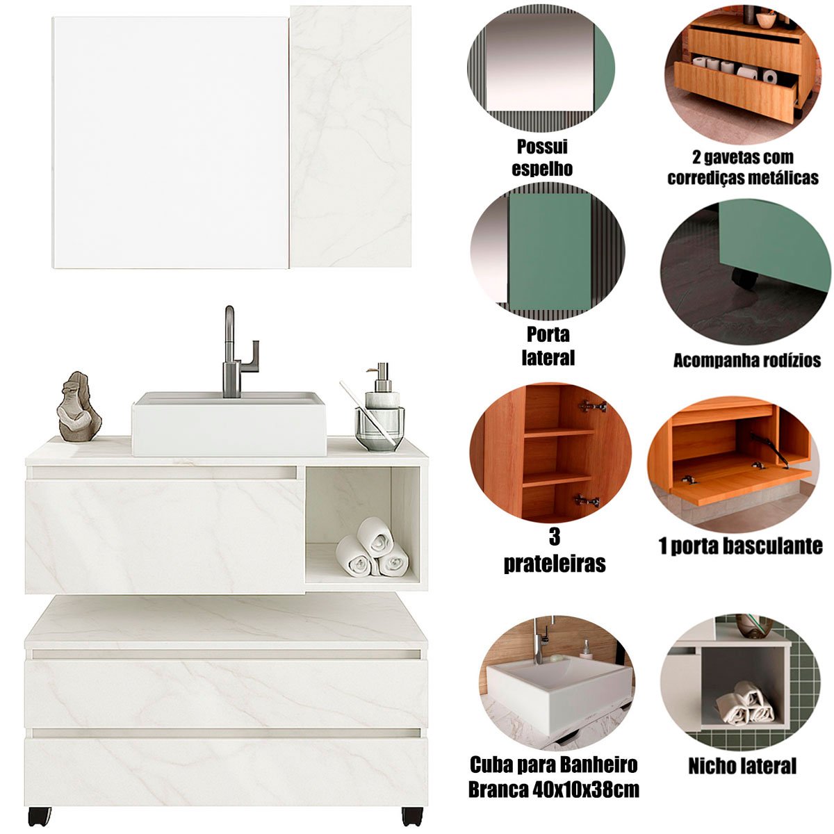 Kit Gabinete Balcão e Espelheira de Banheiro Marina Mármore Branco