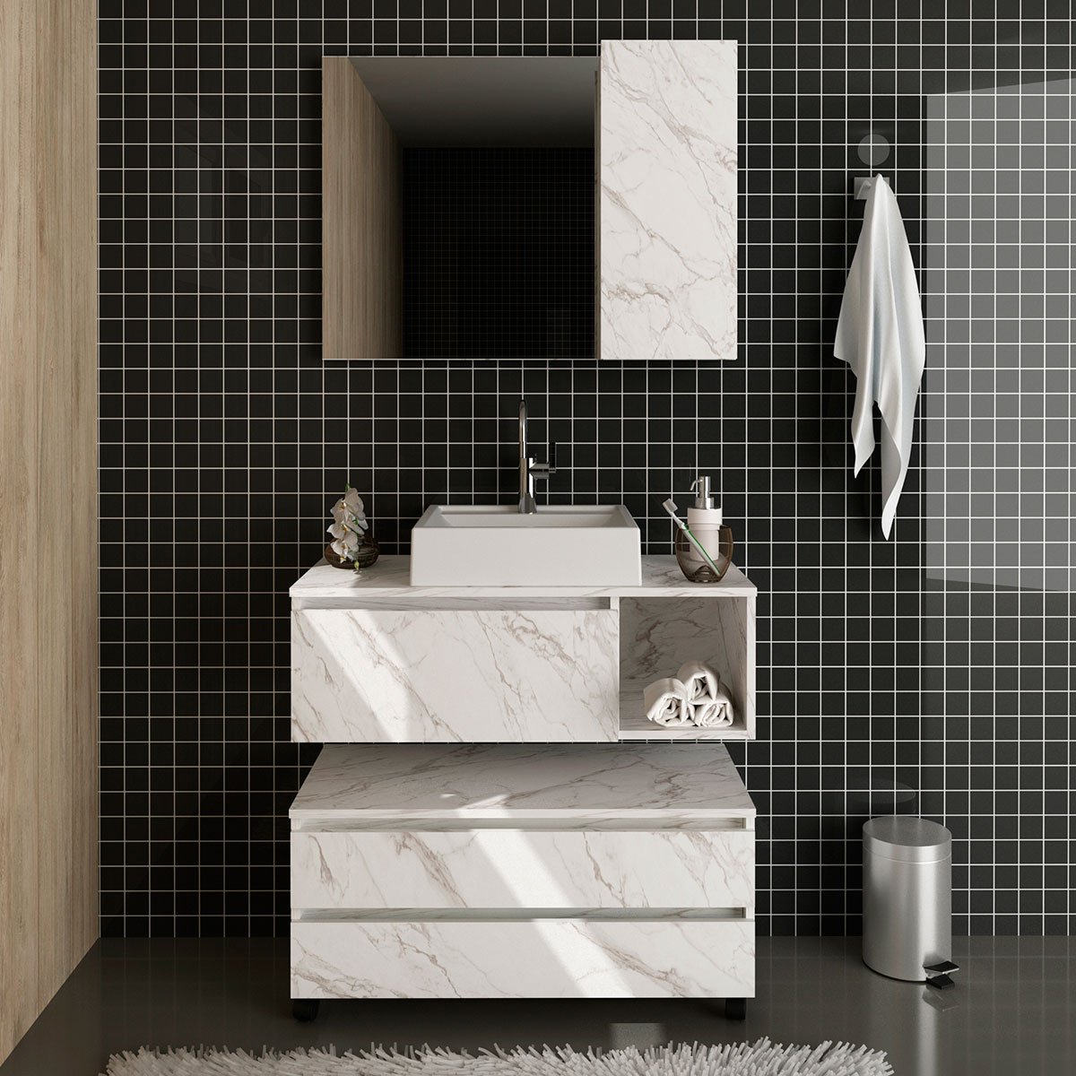 Kit Gabinete Balcão e Espelheira de Banheiro Marina Mármore Branco