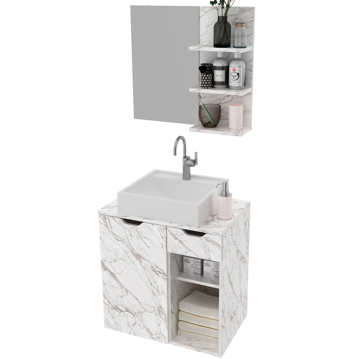 Kit Gabinete e Espelheira de Banheiro 60 cm Cuba Romana Mármore Branco