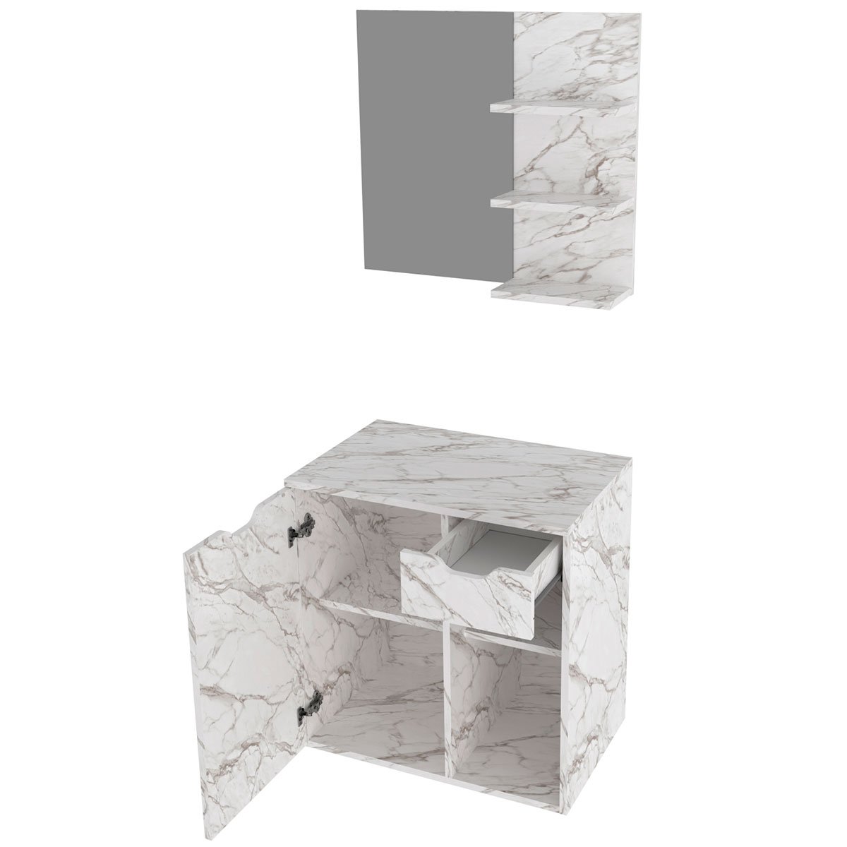 Kit Gabinete e Espelheira de Banheiro 60 cm Cuba Romana Mármore Branco