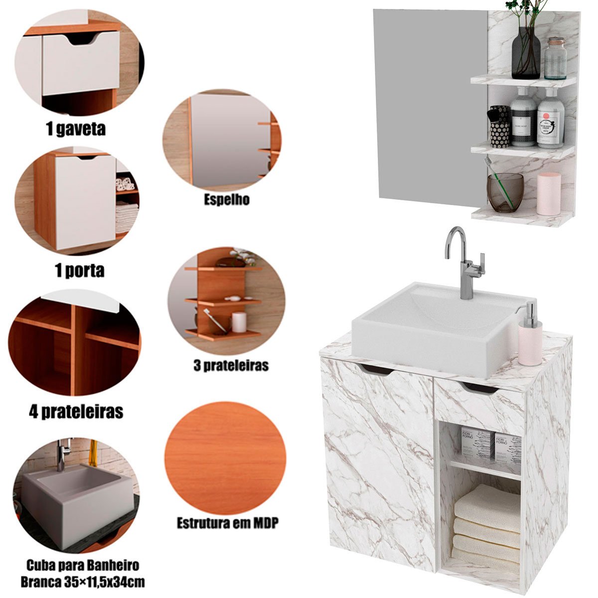 Kit Gabinete e Espelheira de Banheiro 60 cm Cuba Romana Mármore Branco