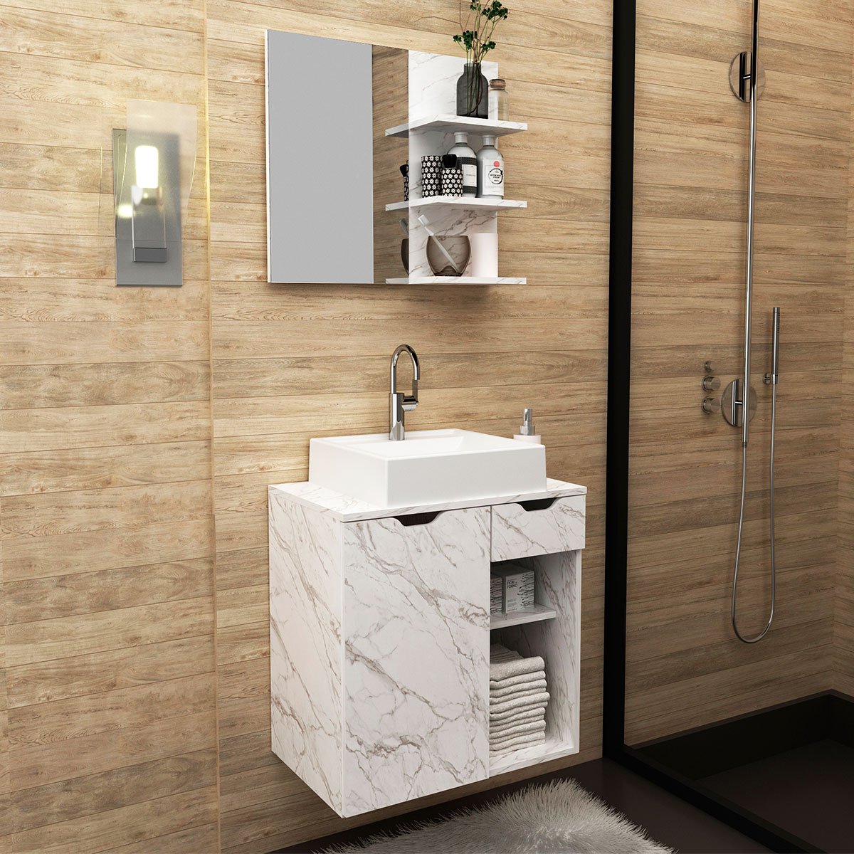 Kit Gabinete e Espelheira de Banheiro 60 cm Cuba Romana Mármore Branco