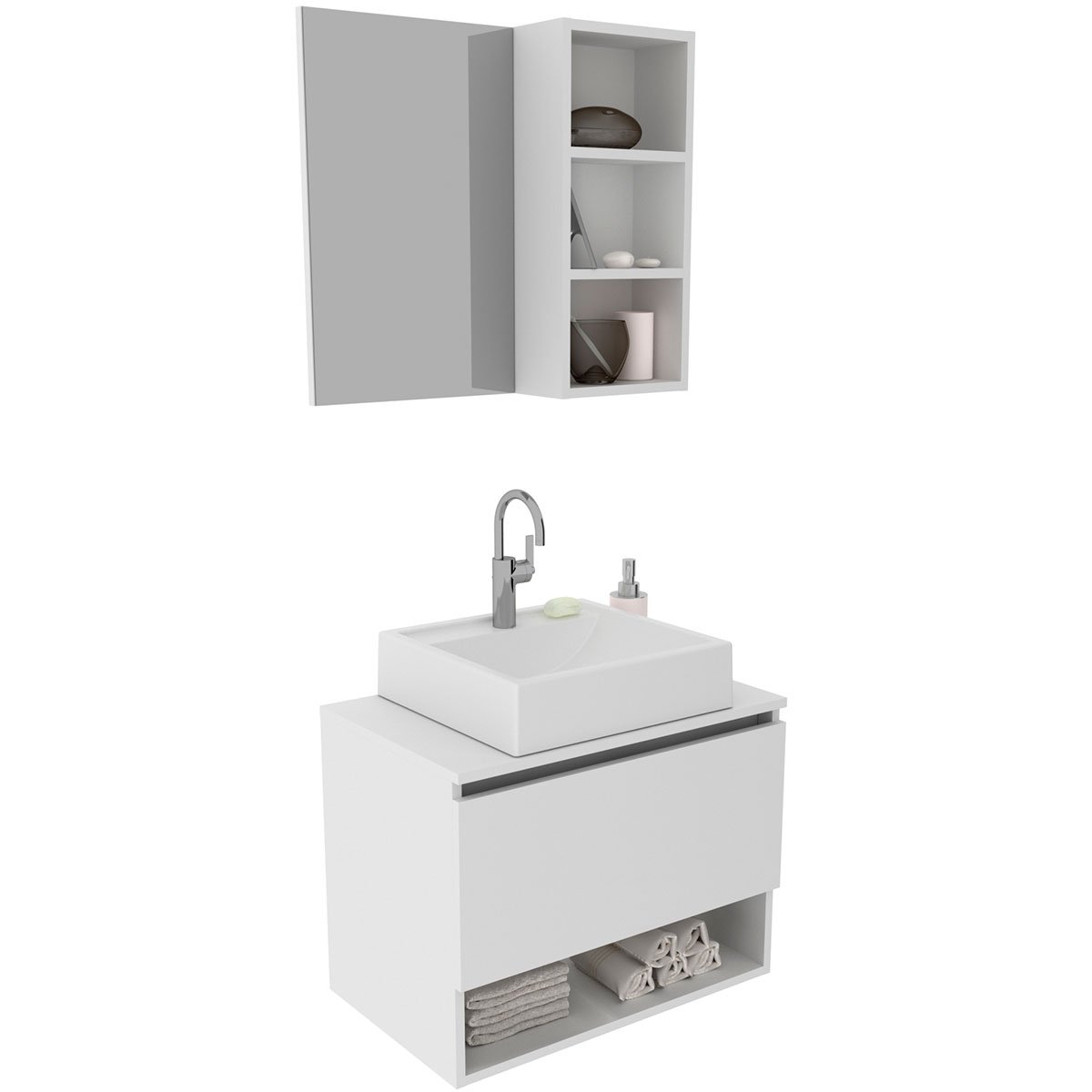 Kit Gabinete e Espelheira de Banheiro 60 cm Cuba Valente Branco
