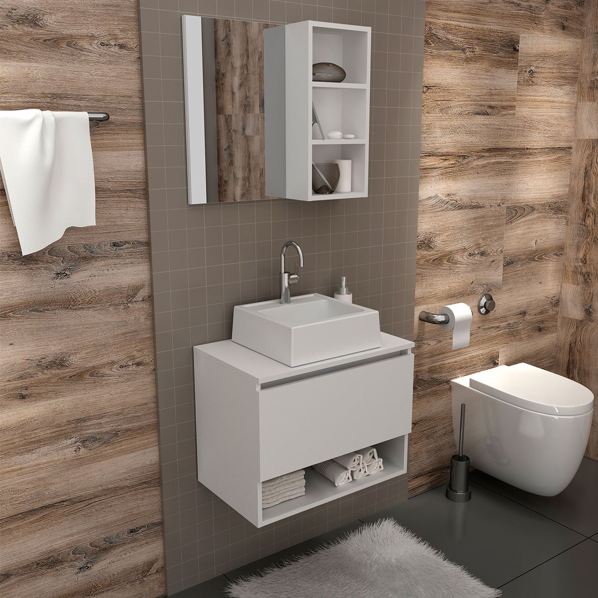 Kit Gabinete e Espelheira de Banheiro 60 cm Cuba Valente Branco