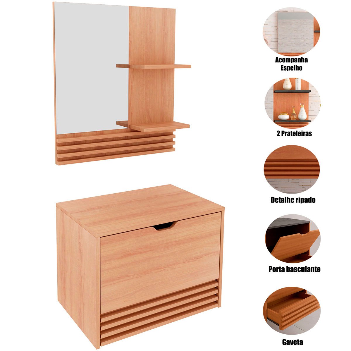 Kit Gabinete e Espelheira de Banheiro 60 cm Sâmia Amêndoa